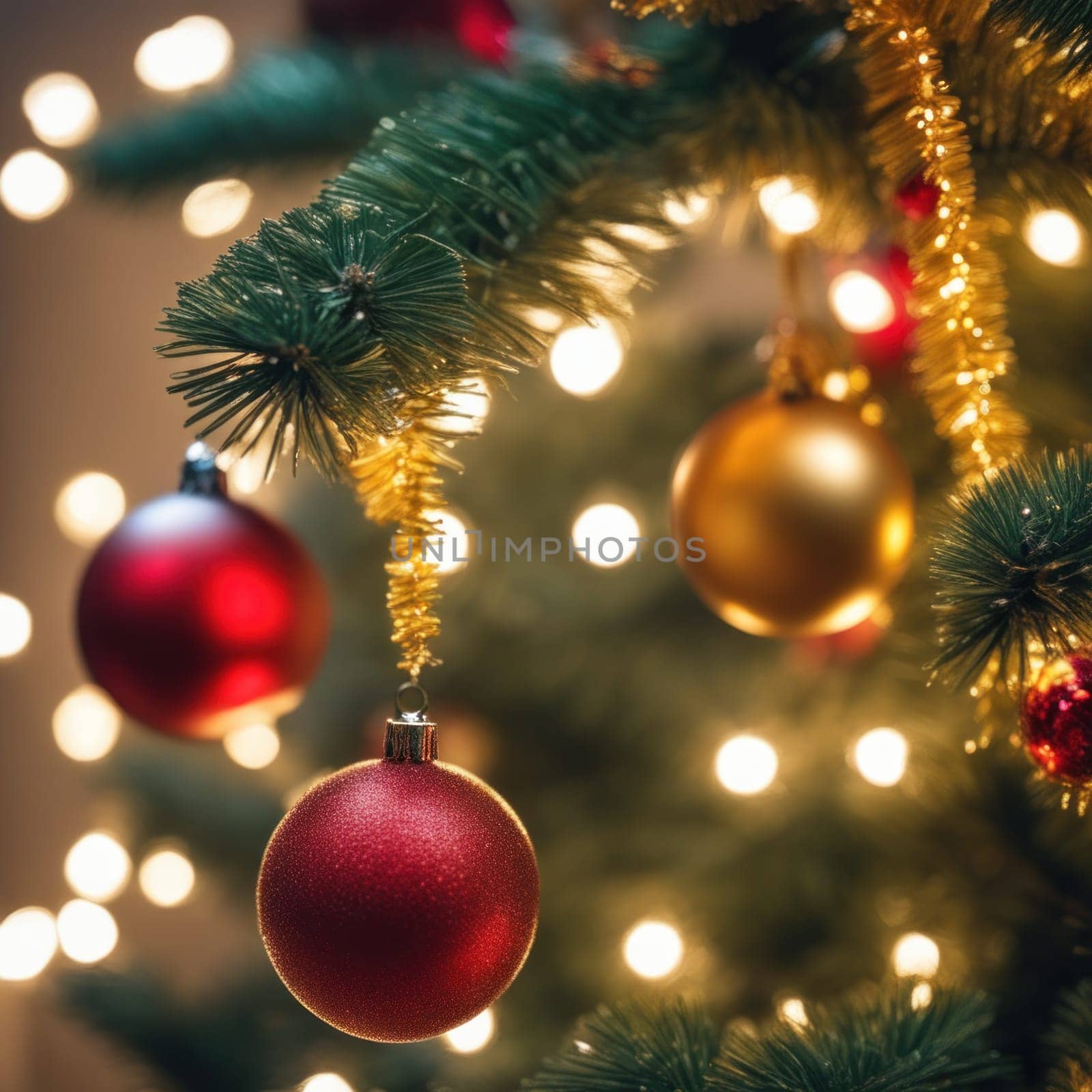 Close-UP of Christmas Tree, Red and Golden Ornaments against a Defocused Lights Background