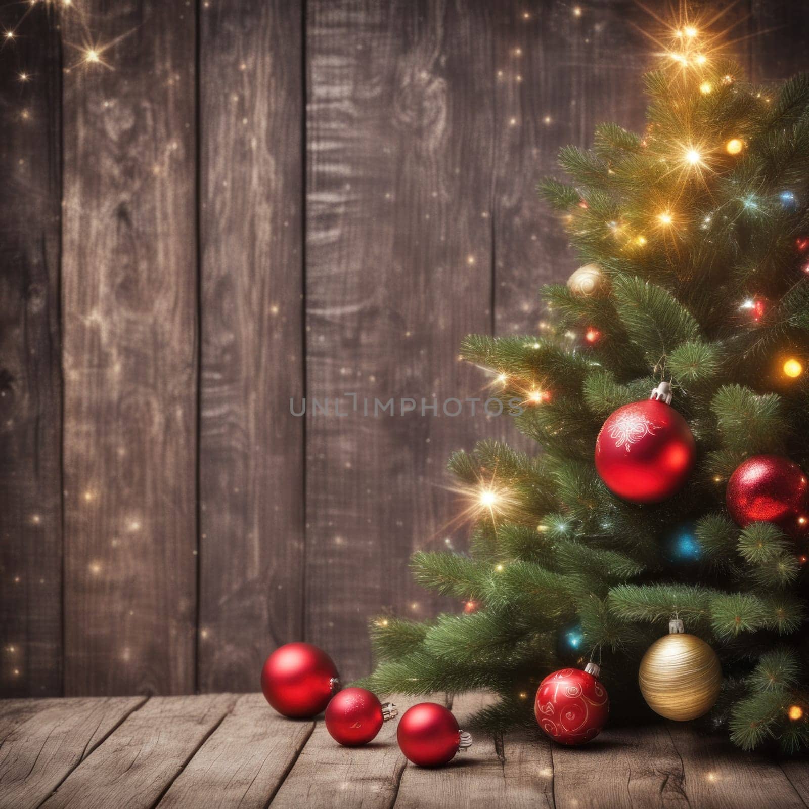 Close-UP of Christmas Tree, Red and Golden Ornaments against a Defocused Lights Background