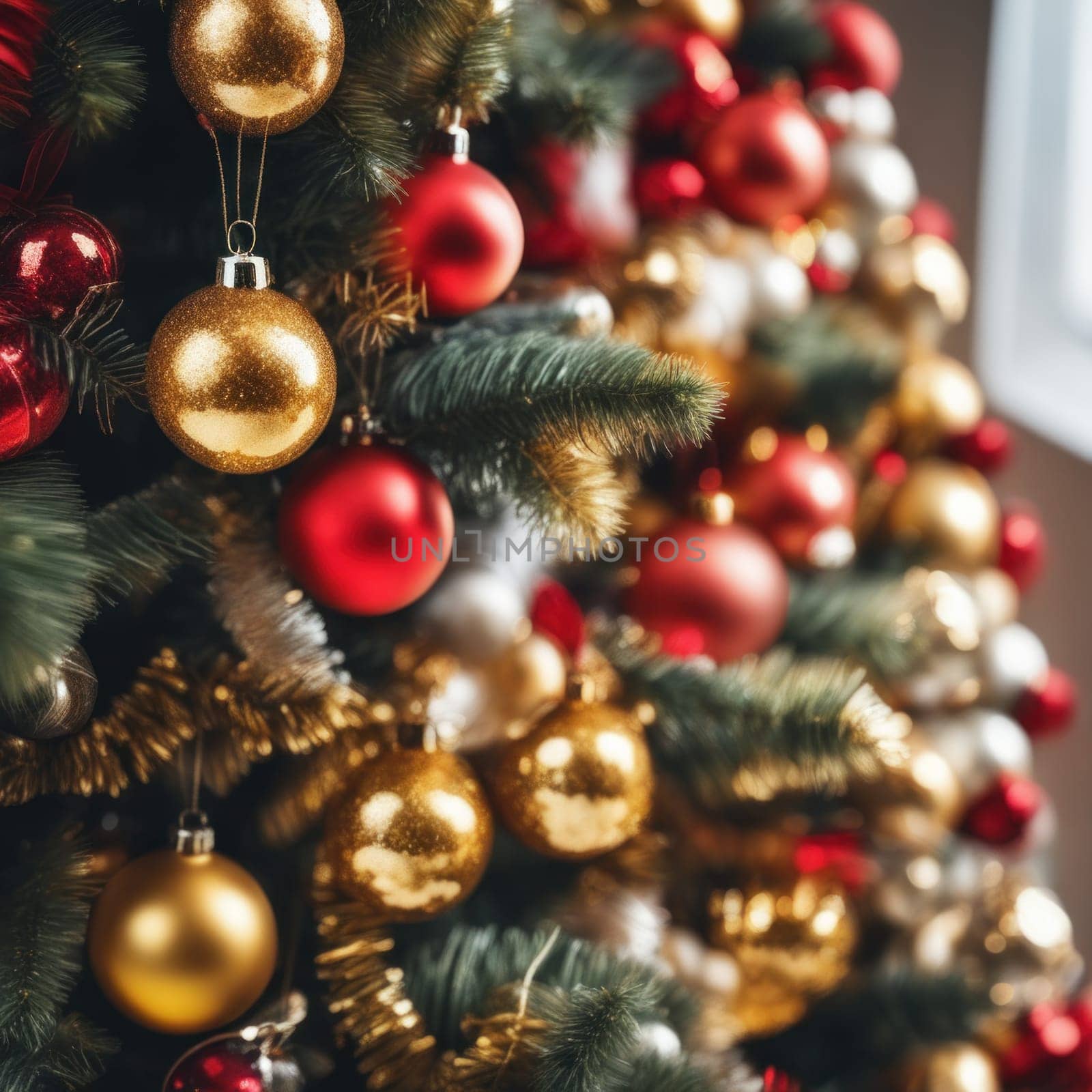 Close-UP of Christmas Tree, Red and Golden Ornaments against a Defocused Lights Background by shaadjutt36