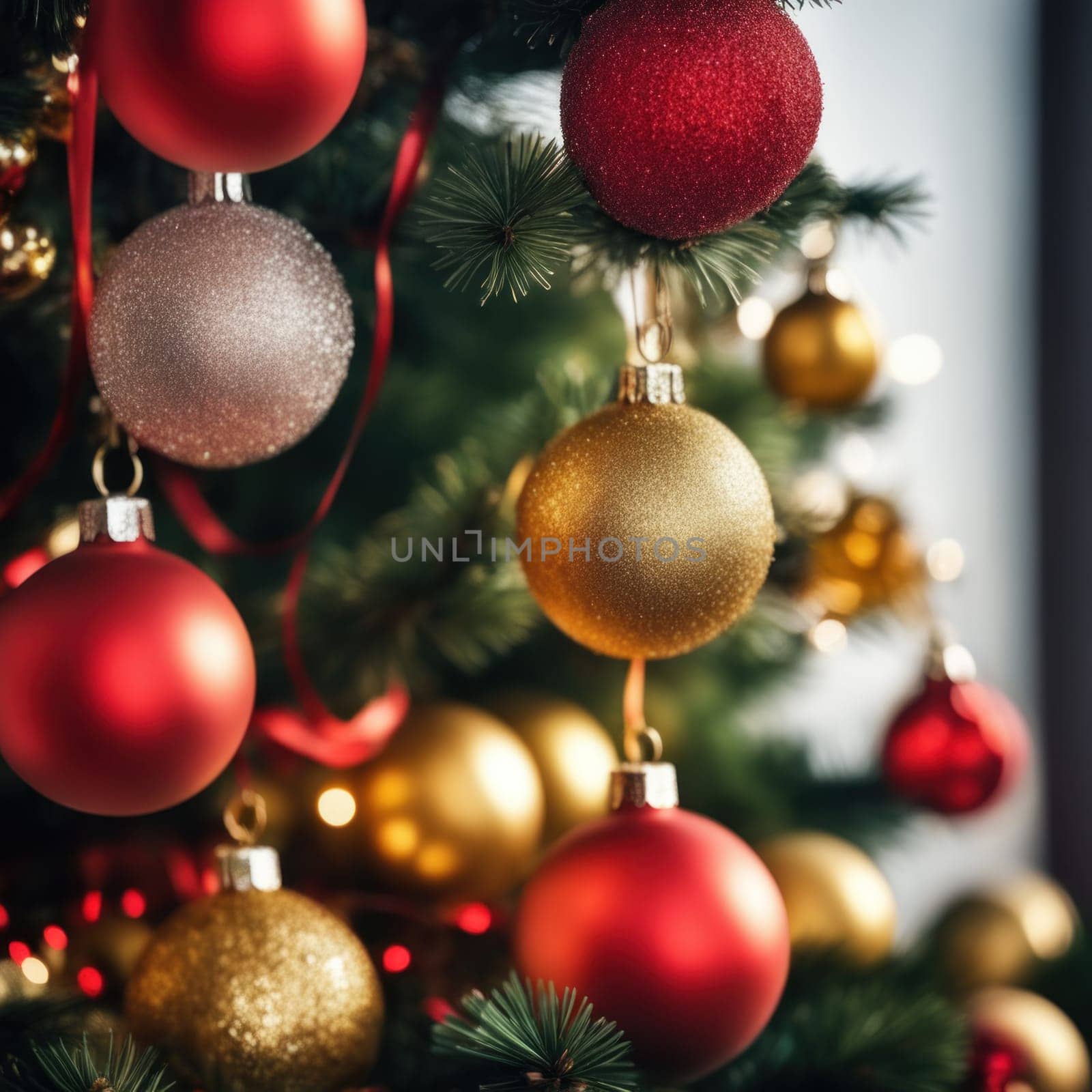 Close-UP of Christmas Tree, Red and Golden Ornaments against a Defocused Lights Background