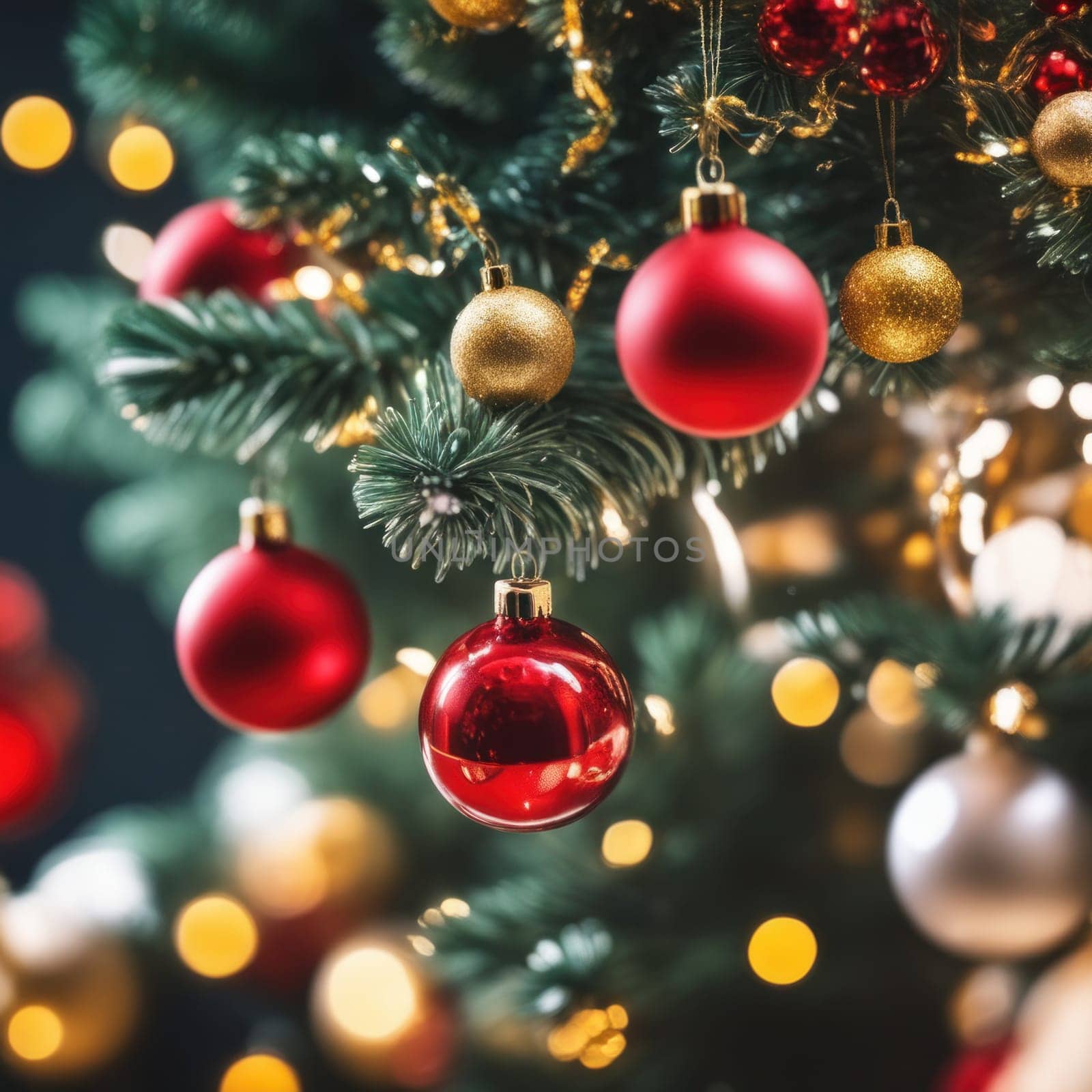 Close-UP of Christmas Tree, Red and Golden Ornaments against a Defocused Lights Background