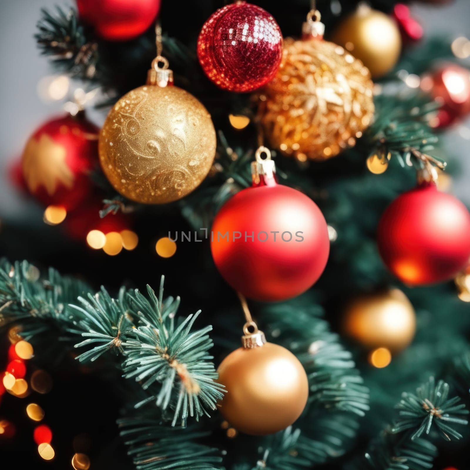 Close-UP of Christmas Tree, Red and Golden Ornaments against a Defocused Lights Background