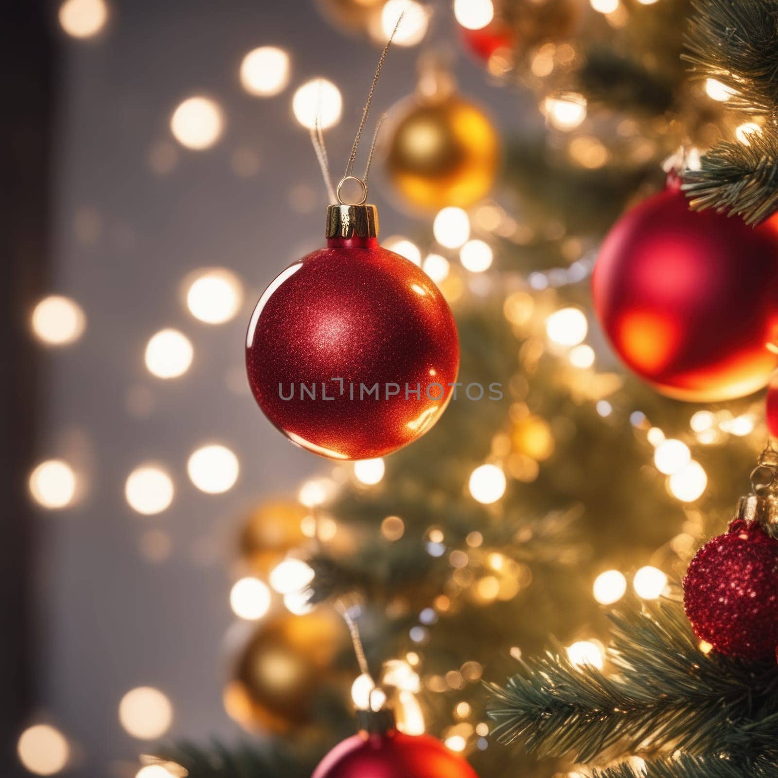 Close-UP of Christmas Tree, Red and Golden Ornaments against a Defocused Lights Background