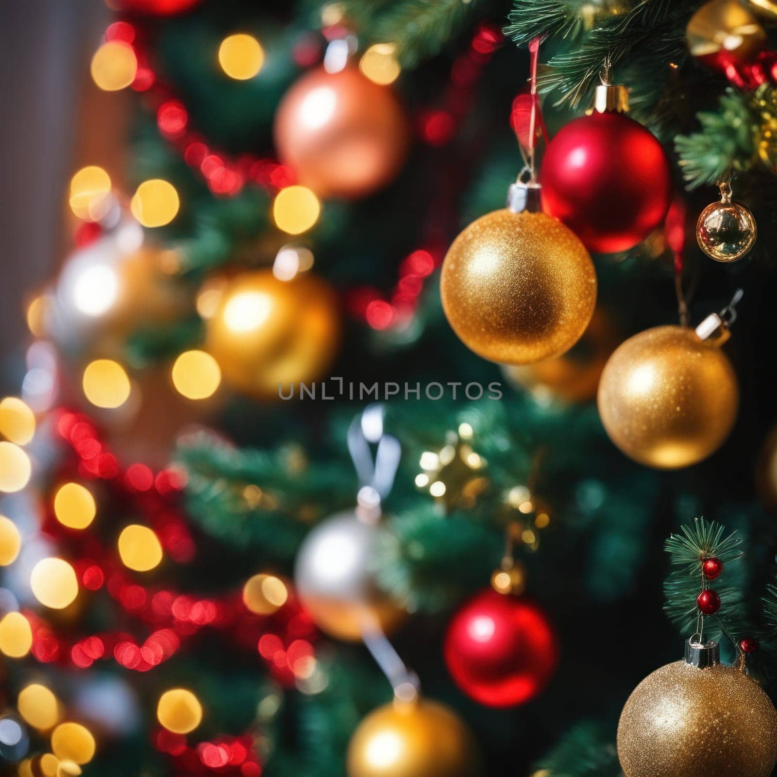 Close-UP of Christmas Tree, Red and Golden Ornaments against a Defocused Lights Background