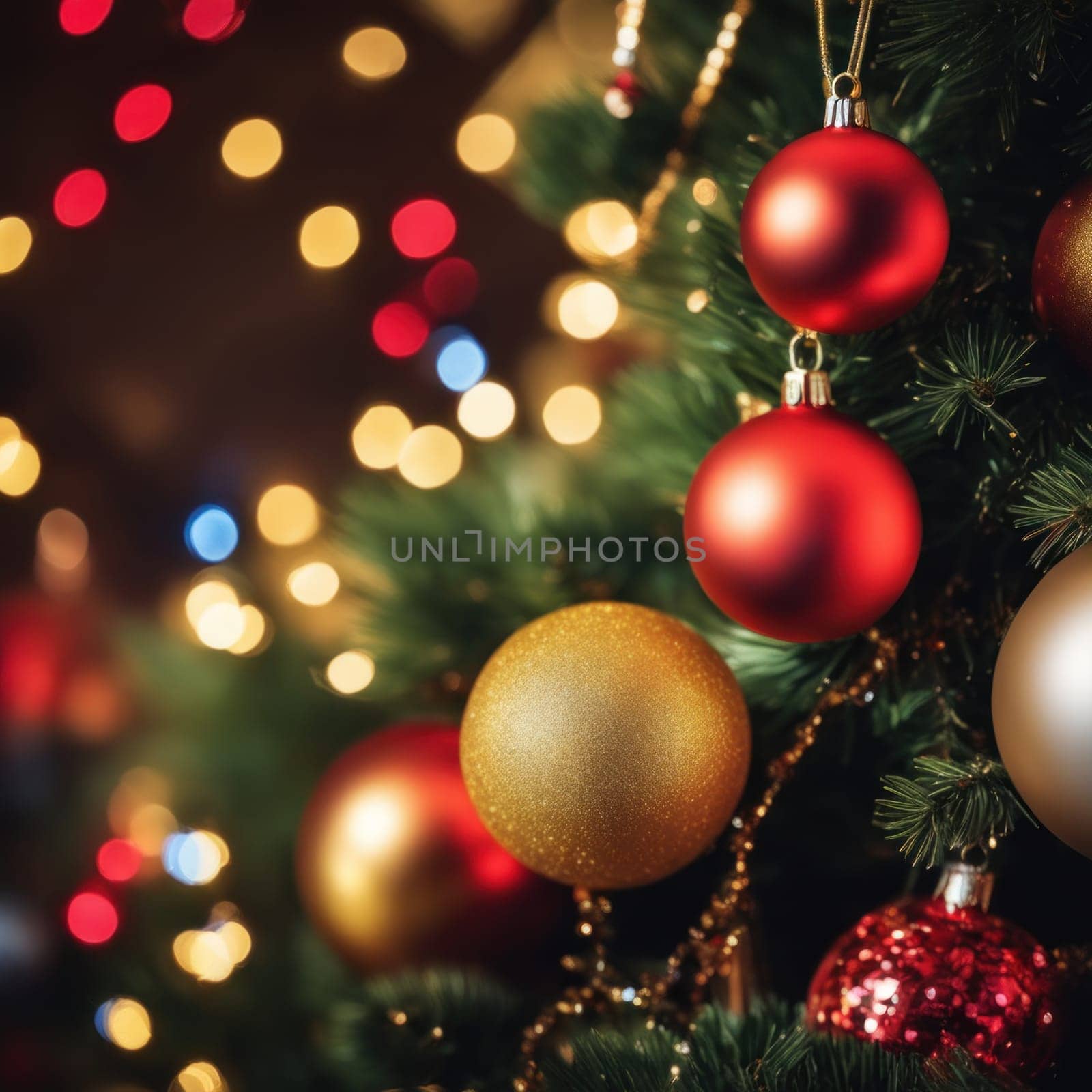 Close-UP of Christmas Tree, Red and Golden Ornaments against a Defocused Lights Background