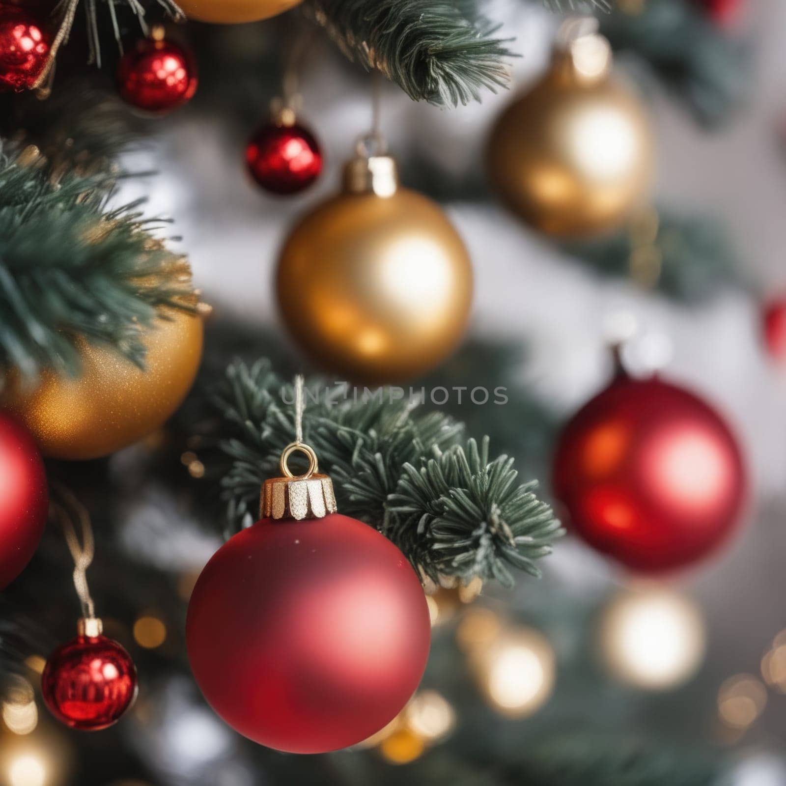 Close-UP of Christmas Tree, Red and Golden Ornaments against a Defocused Lights Background