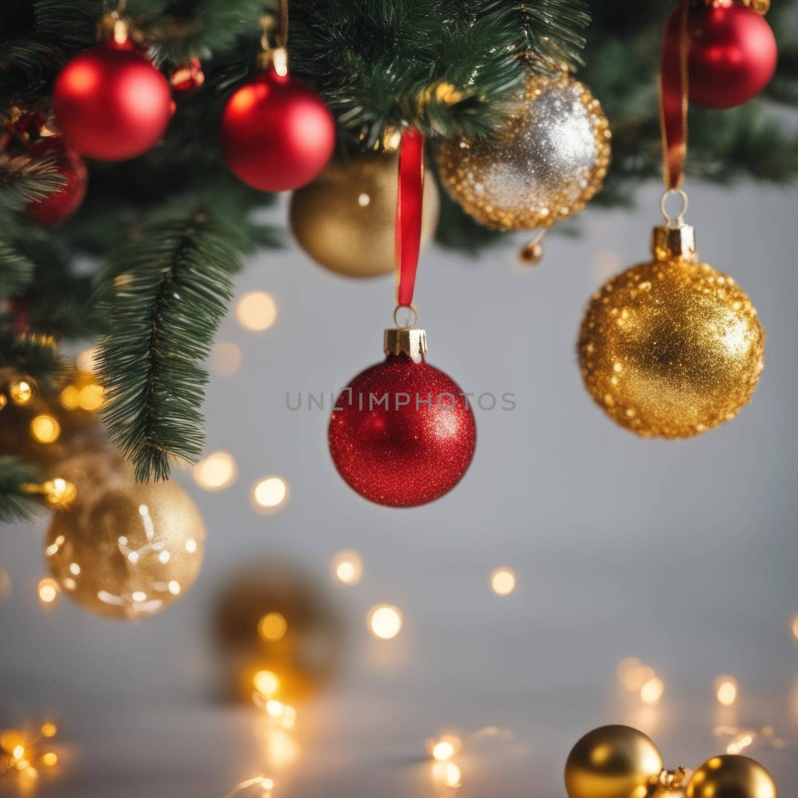 Close-UP of Christmas Tree, Red and Golden Ornaments against a Defocused Lights Background