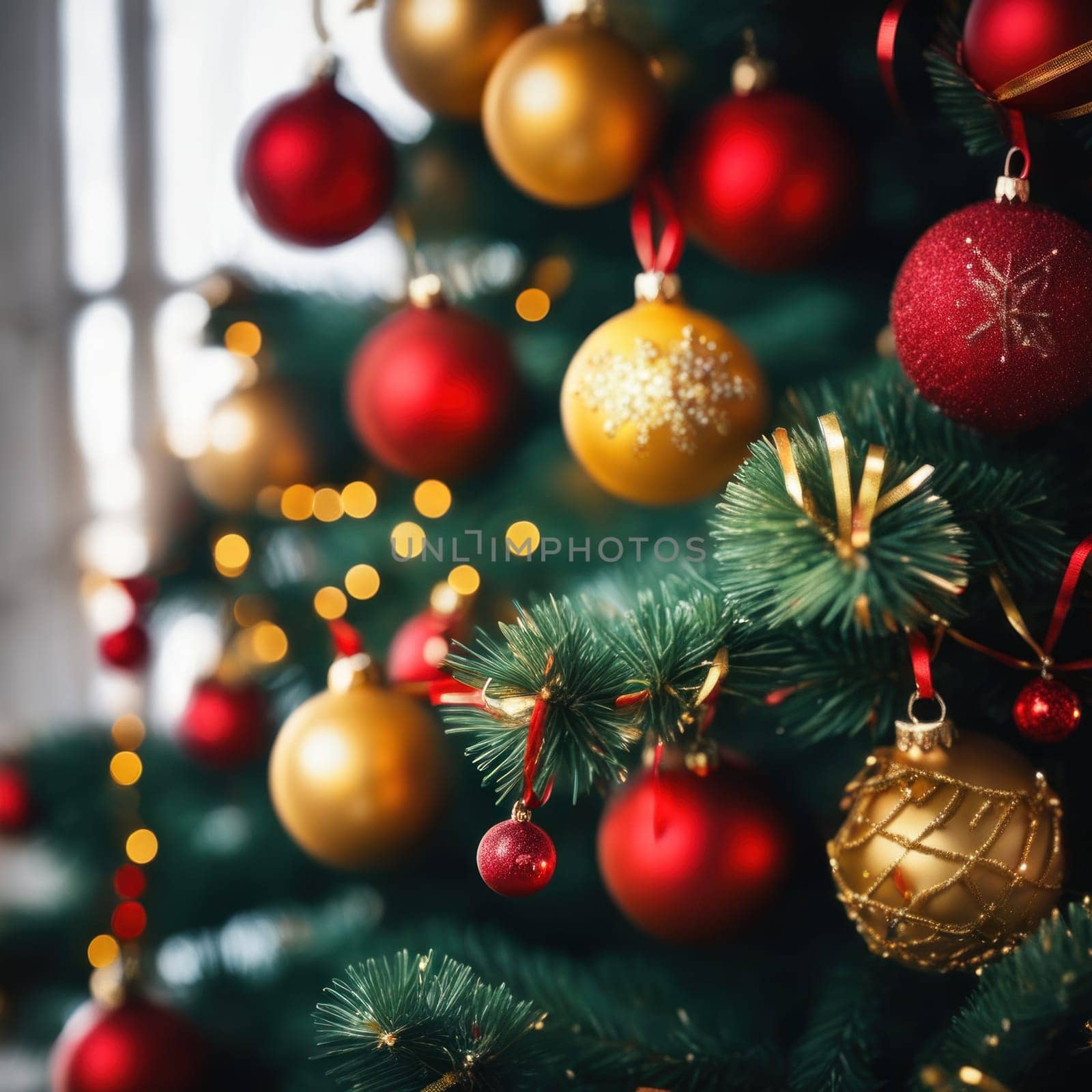 Close-UP of Christmas Tree, Red and Golden Ornaments against a Defocused Lights Background