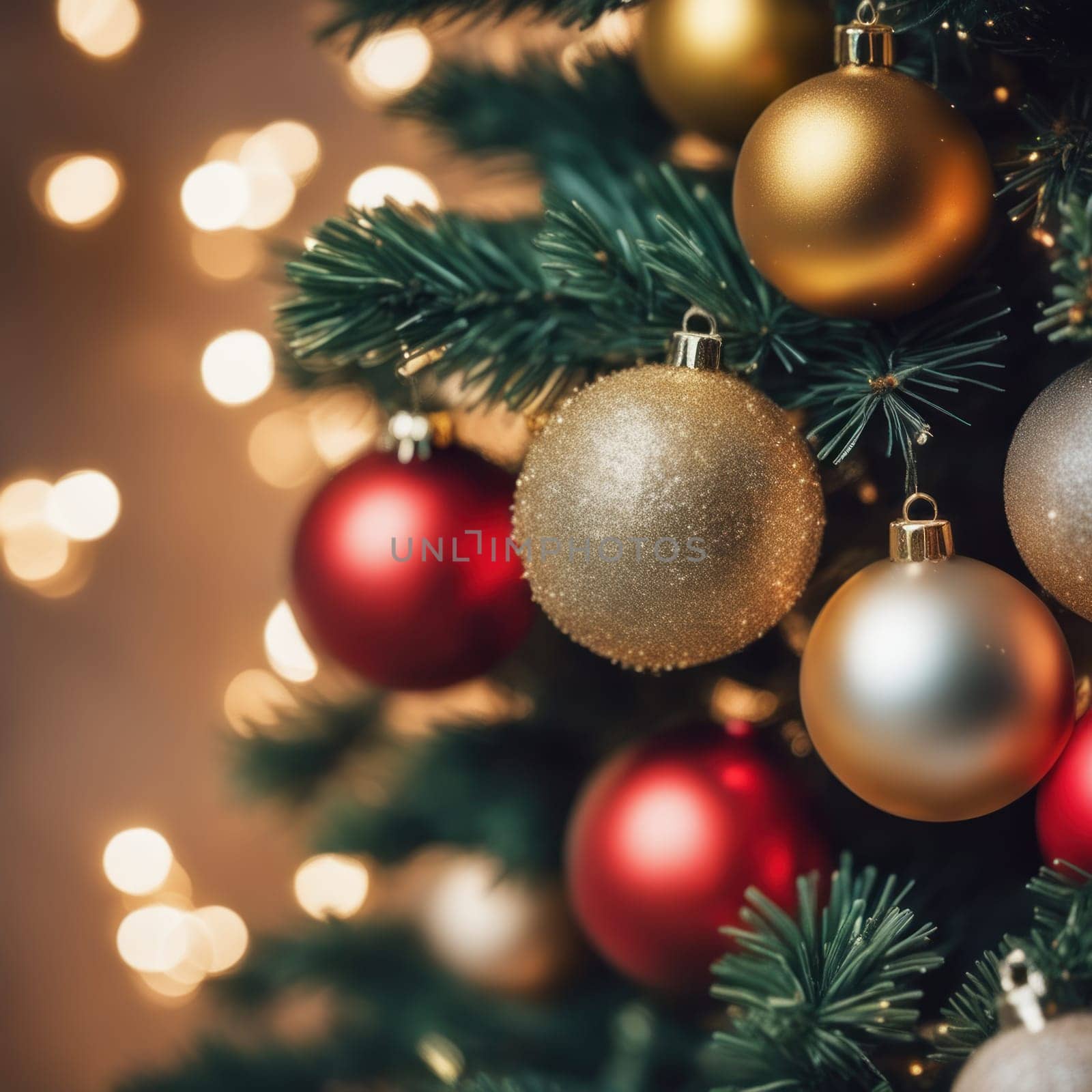 Close-UP of Christmas Tree, Red and Golden Ornaments against a Defocused Lights Background