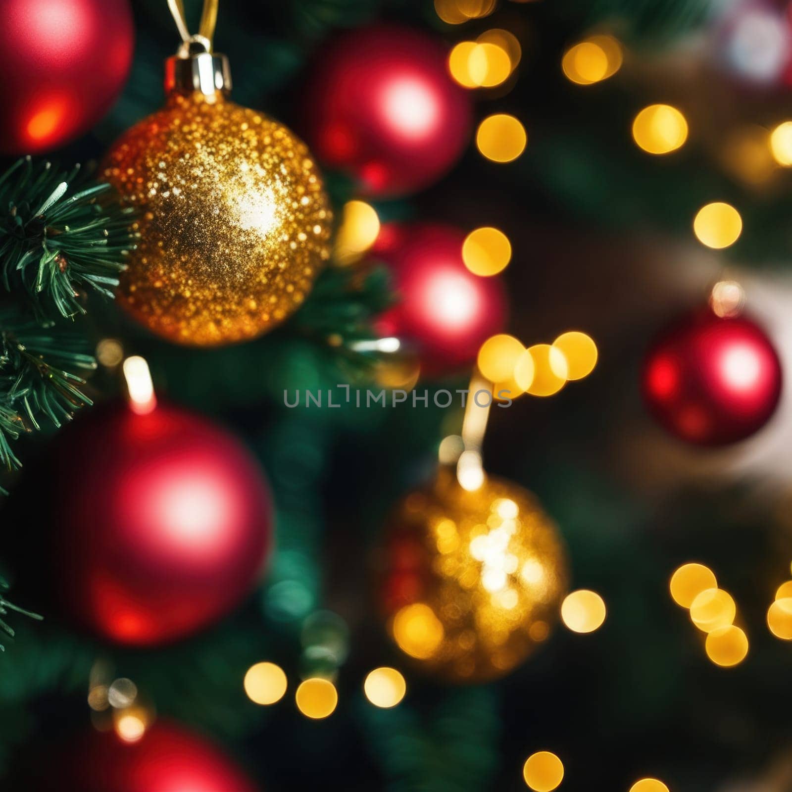 Close-UP of Christmas Tree, Red and Golden Ornaments against a Defocused Lights Background