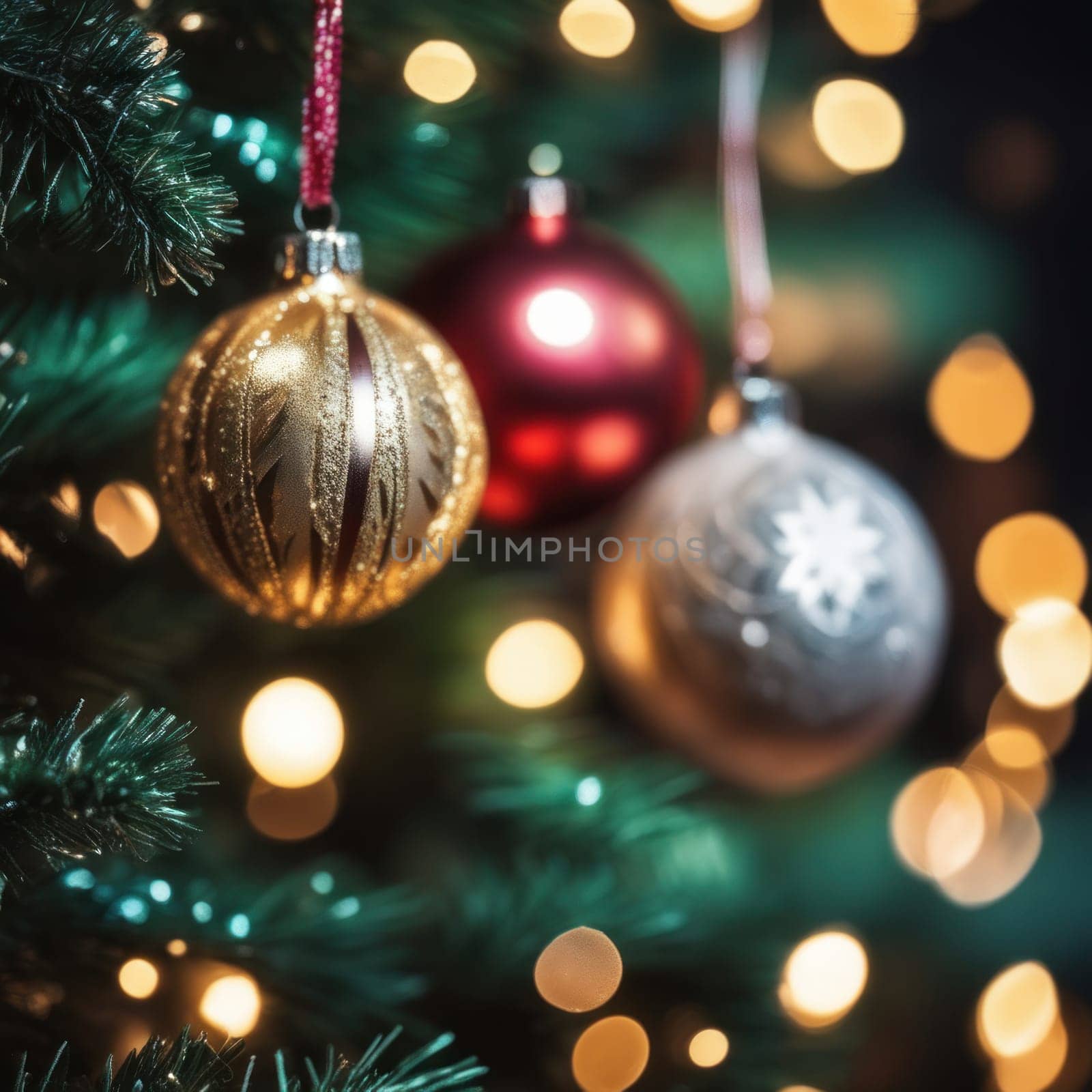 Close-UP of Christmas Tree, Red and Golden Ornaments against a Defocused Lights Background