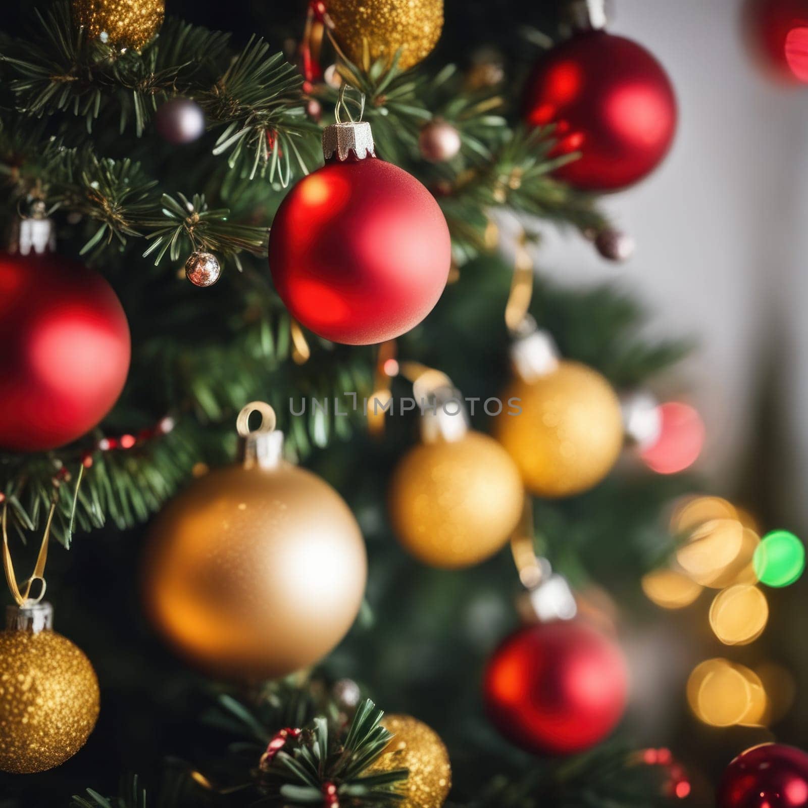 Close-UP of Christmas Tree, Red and Golden Ornaments against a Defocused Lights Background