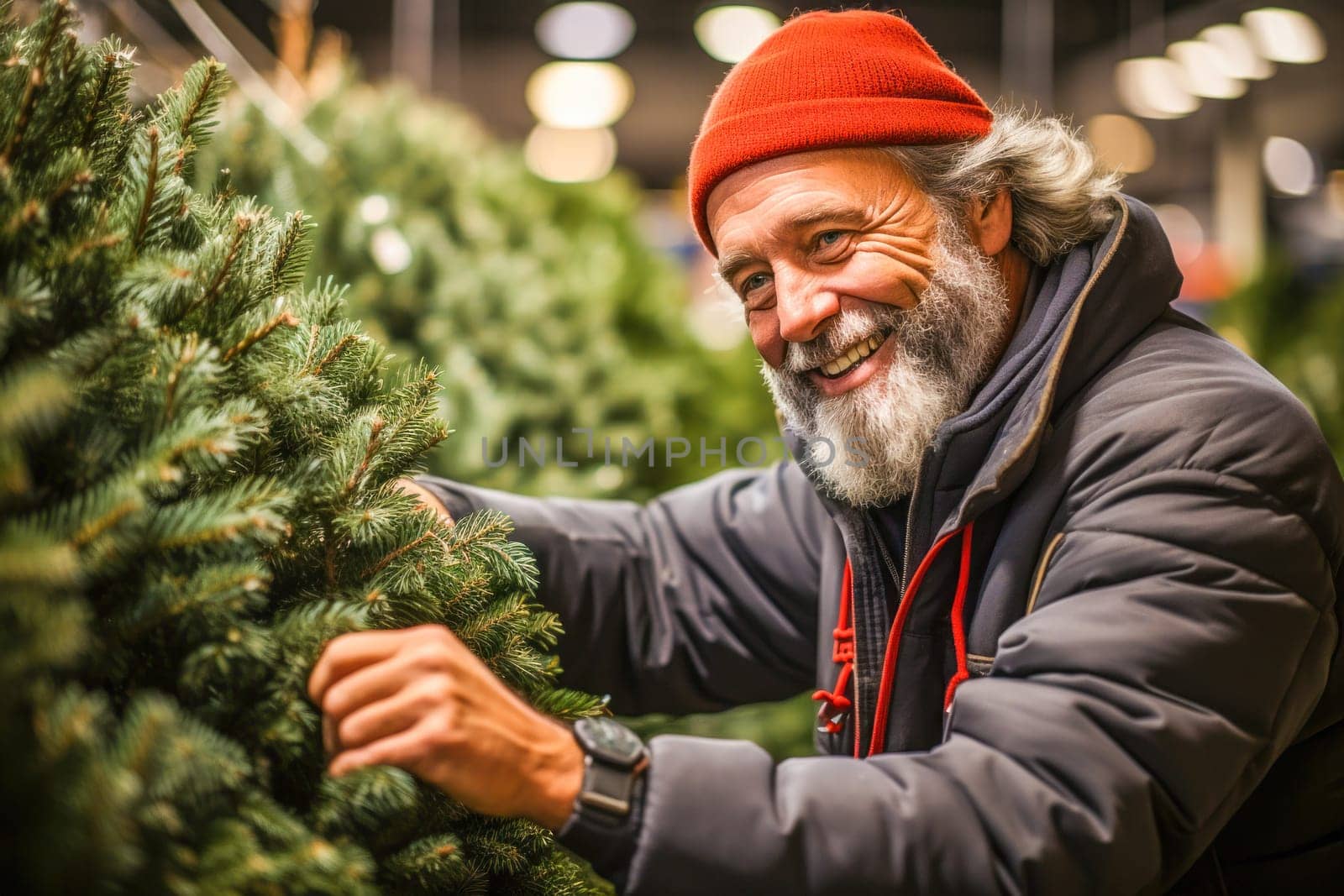 A man carefully buys a beautiful Christmas tree at the pre-holiday market to decorate his home and create a festive atmosphere.