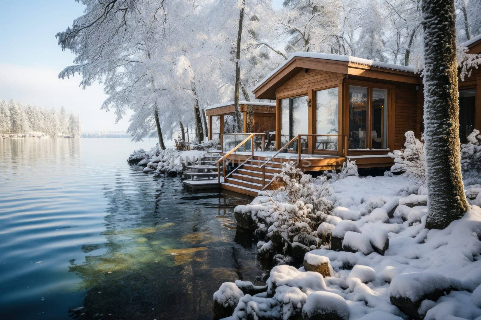 Winter picture: a cozy house with a terrace located on the bank of the river, surrounded by snowy beauty, creates an atmosphere of privacy and tranquility.