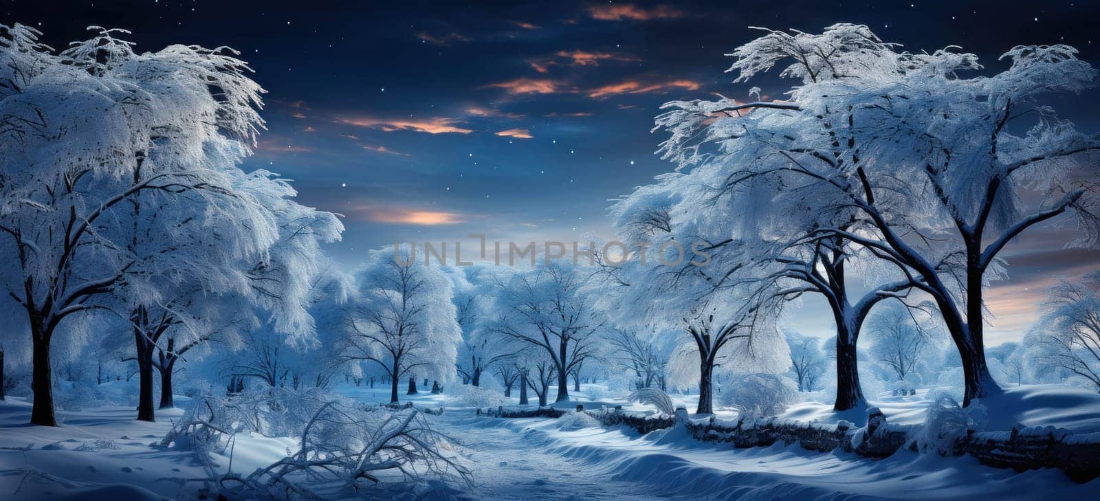 Twinkling stars illuminate the snow-covered trees in this dreamlike nightscape filled with magic and mystery.
