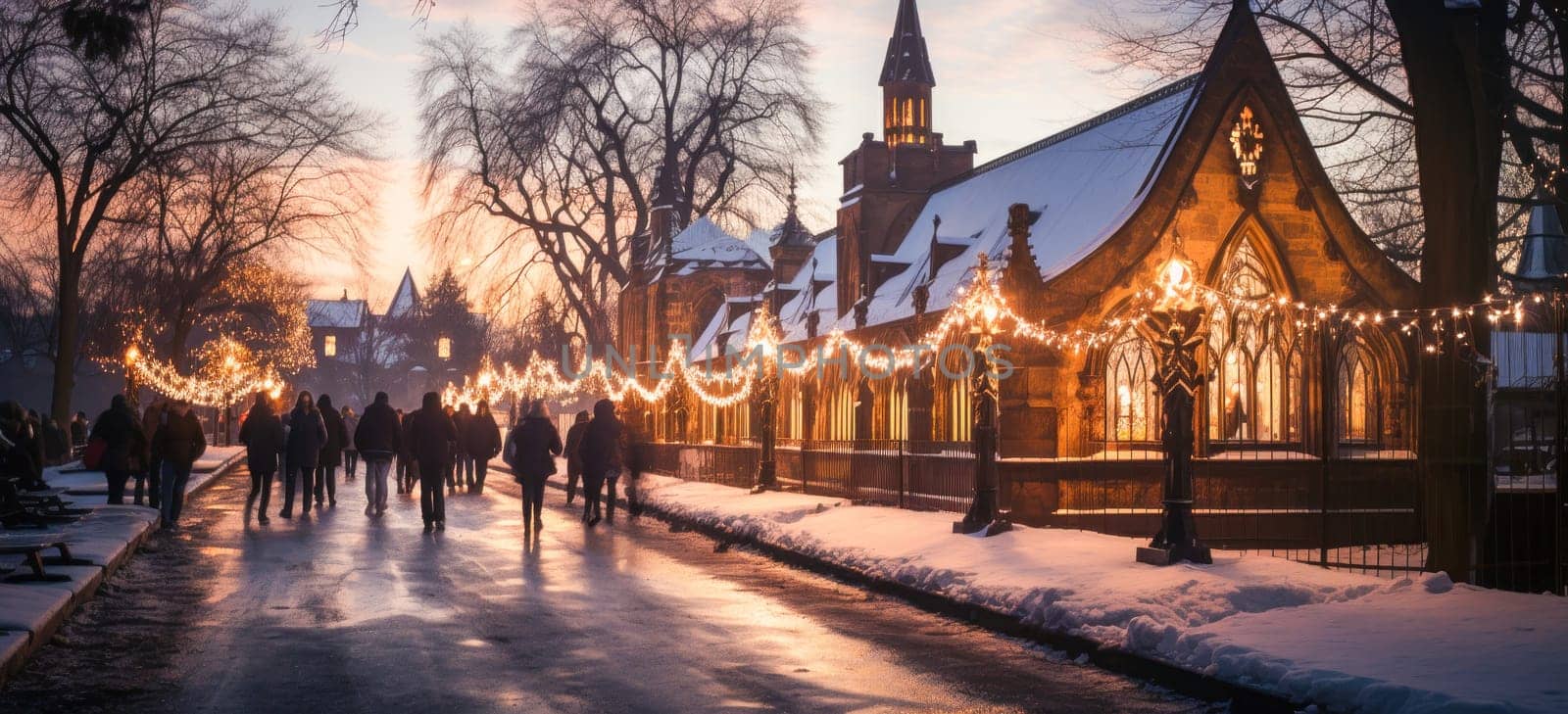 People enjoy the atmosphere of a Christmas market surrounded by festive decorations and the aroma of hot mulled wine.