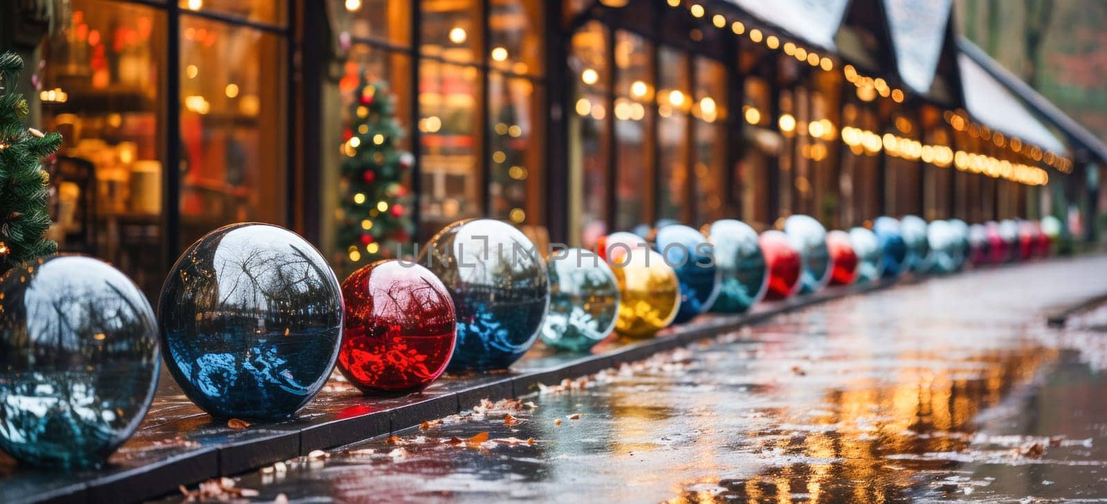 A festive New Year's street decor with sparkling glass baubles adorning the area. The decorations create a spirited and celebratory atmosphere, perfect for the holiday season.