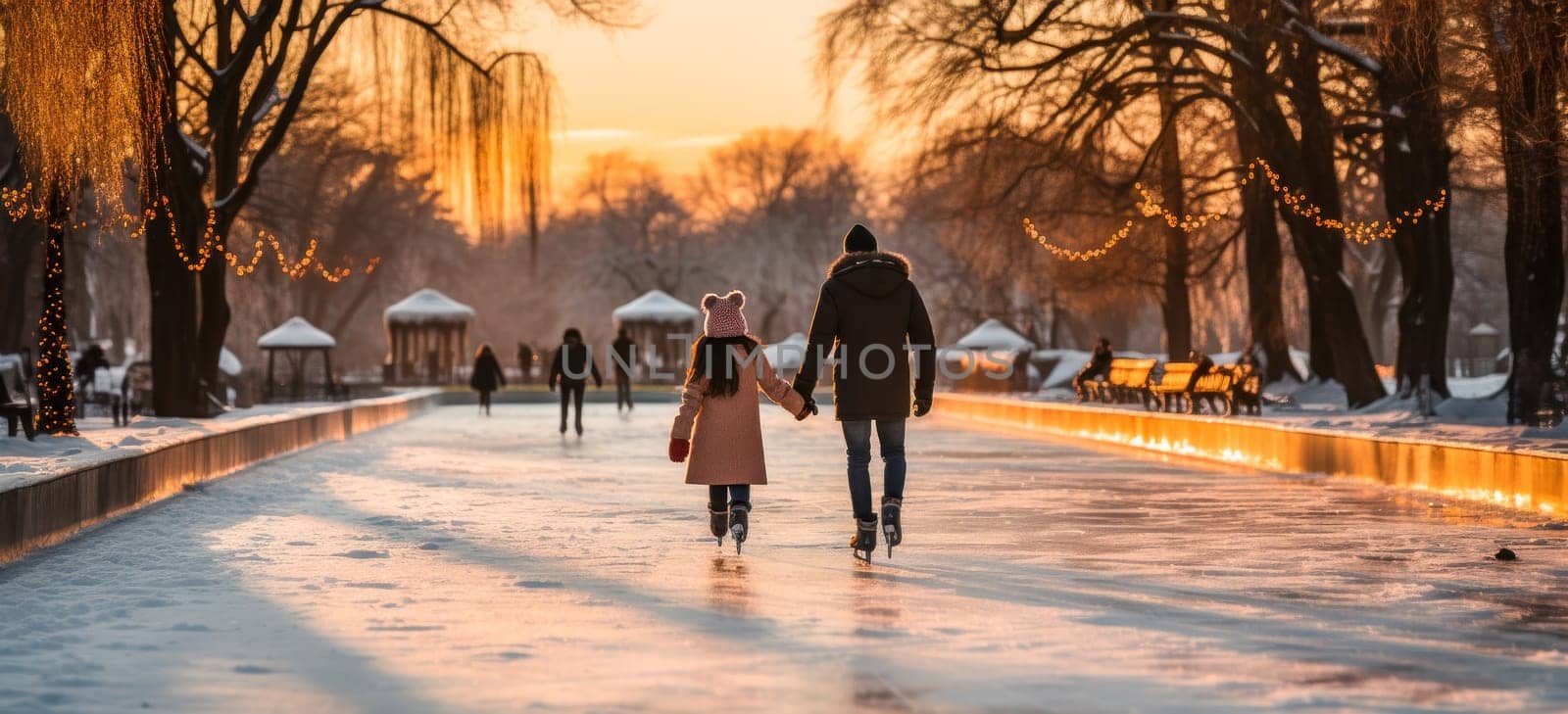 An unforgettable winter atmosphere brings joy to dad and daughter skating. Family moments filled with smiles.