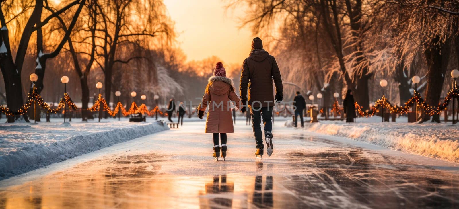 Dad and daughter enjoying winter ice skating. Family moments filled with fun and fresh air.