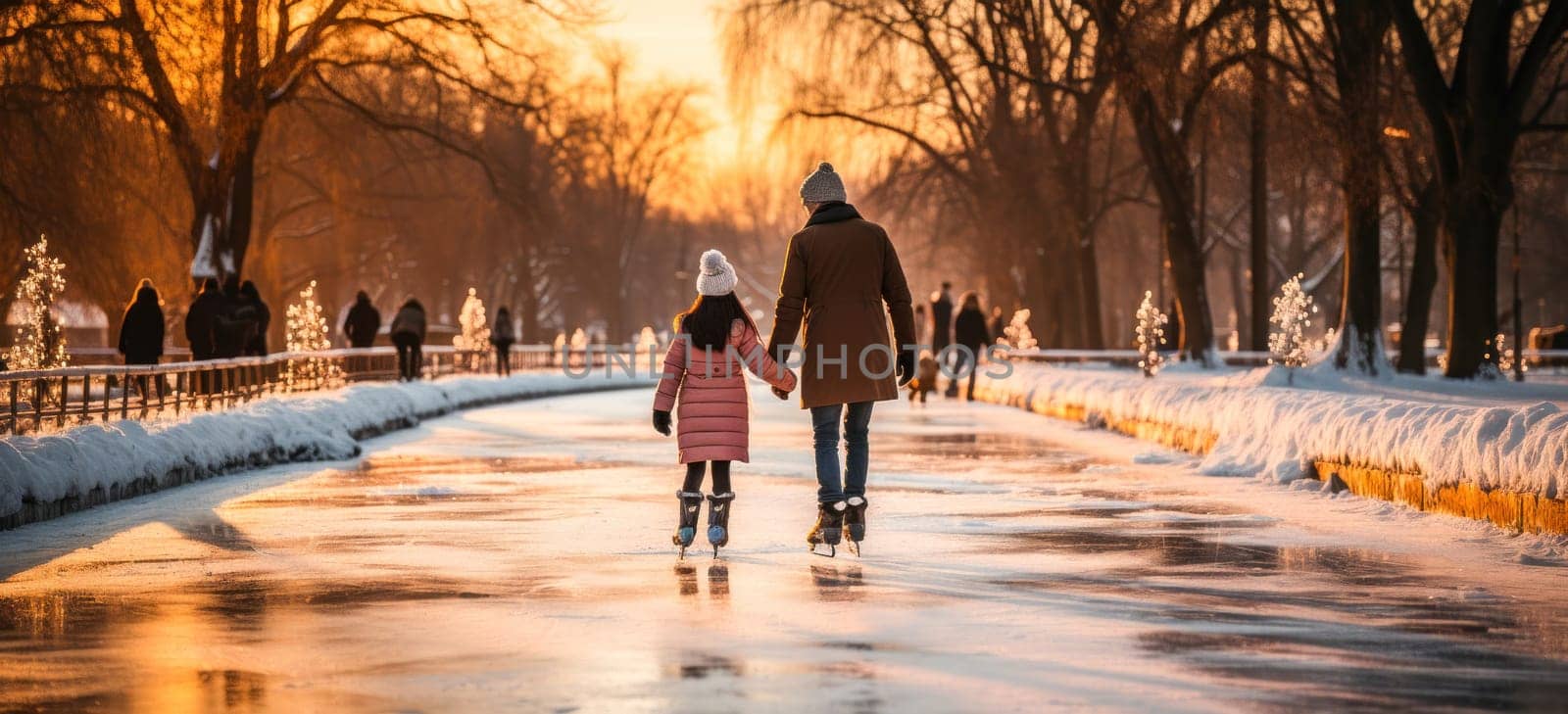 Dad and daughter enjoying winter ice skating. Family moments filled with fun and fresh air.