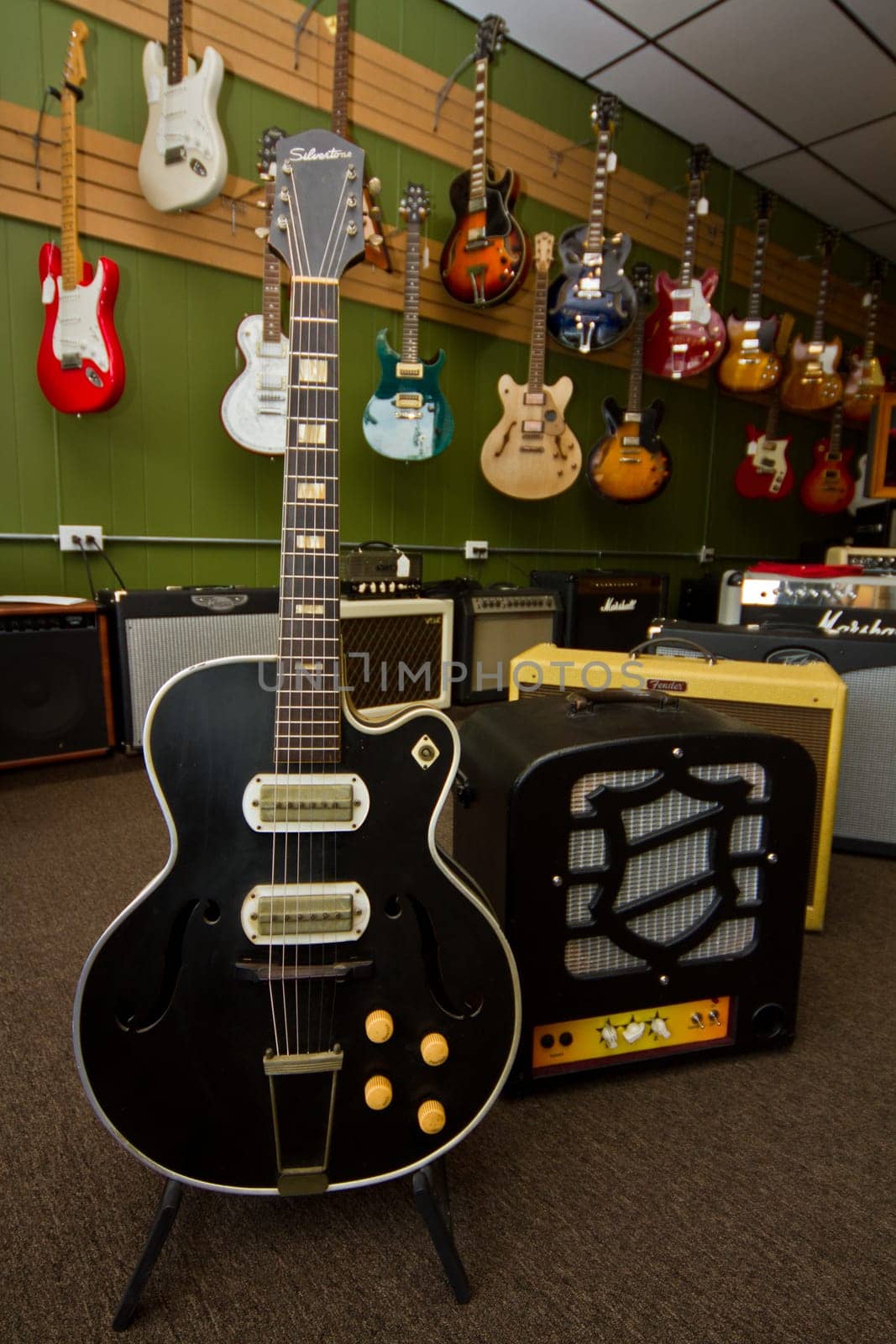 Classic Black Electric Guitar in Foreground of Diverse Music Store Collection by njproductions