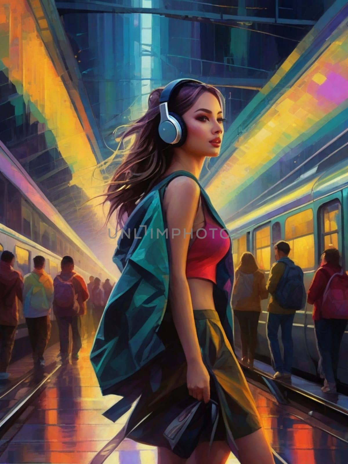 teen girl cmmute in train metro station wearing casual, earphone in a fantasy neon glow atmosphere by verbano