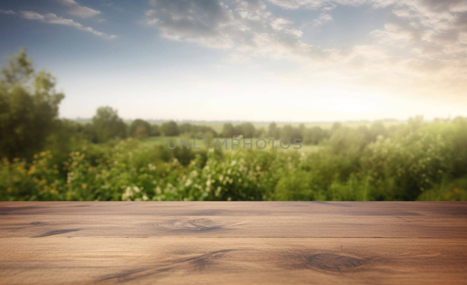 wooden tabletop over against the backdrop green trees and blue sky.
