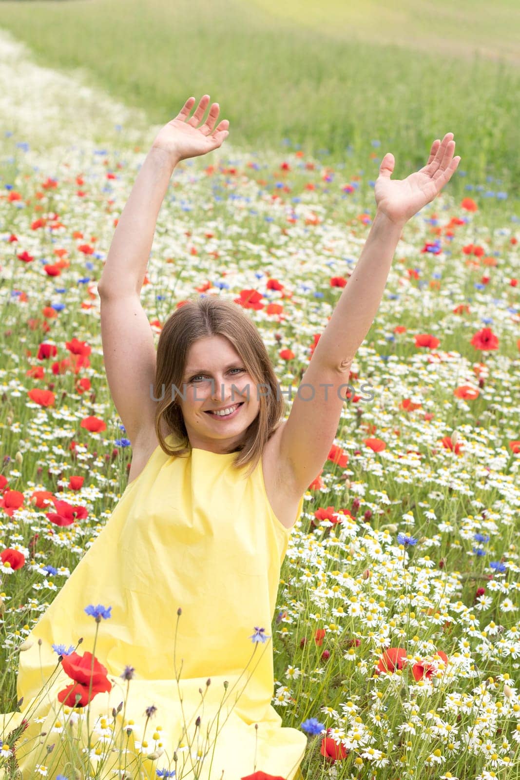 Top view of a girl sitting among a field of wild flowers, among poppies, cornflowers, daisies,The young woman feels happy and enjoys freedom in the middle of a poppy field, High quality photo