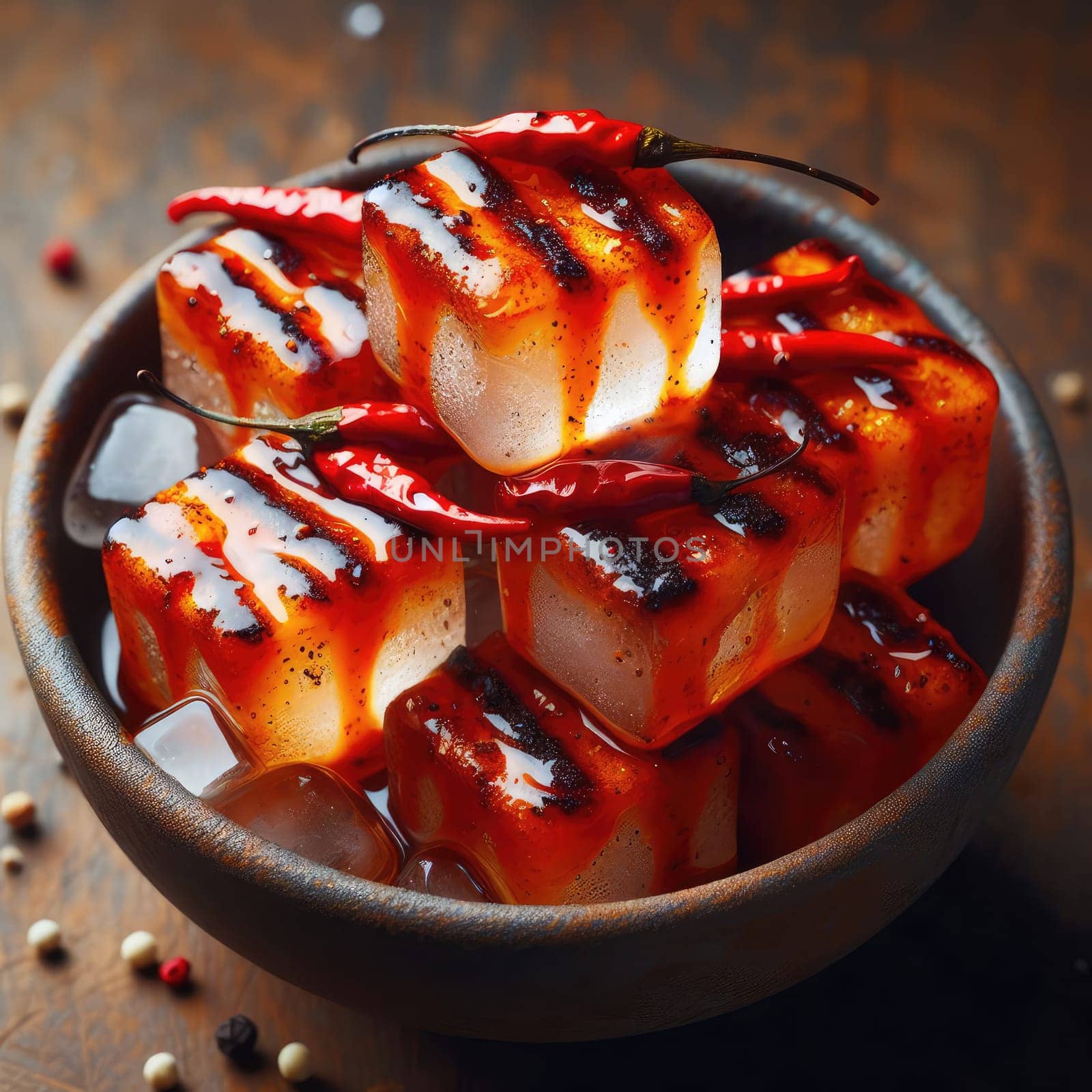 photo of Grilled transparent ice cubes on grill with spicy souce on brush . blurred street crowd on background Macro lens