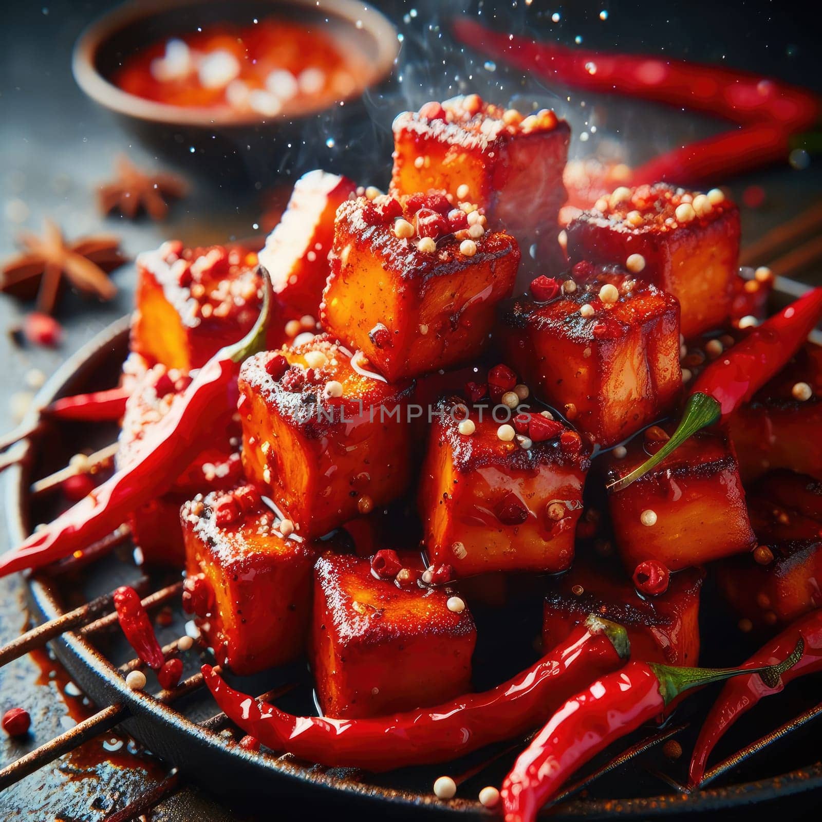 photo of Grilled transparent ice cubes on grill with spicy souce on brush . blurred street crowd on background by Kobysh