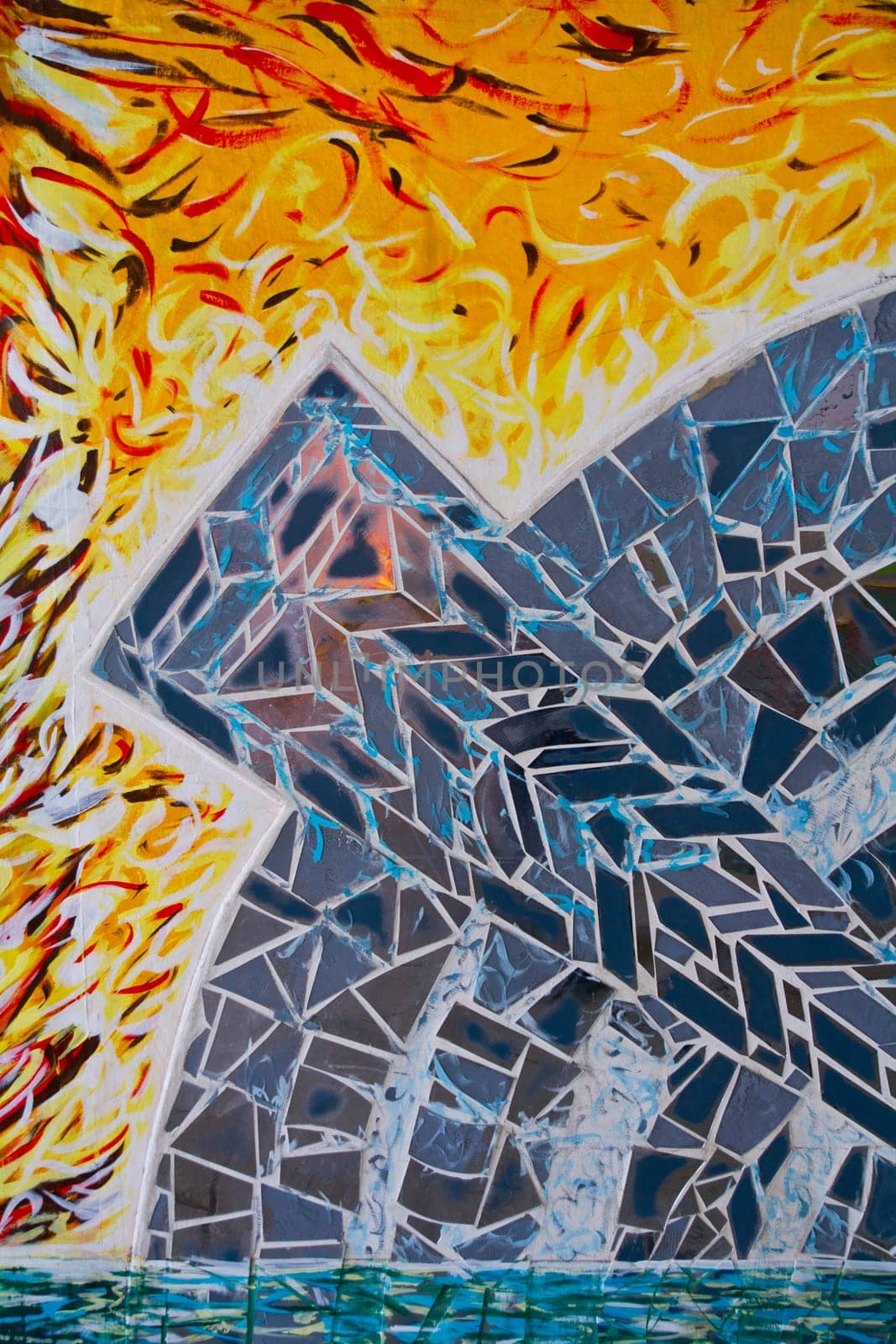 Captivating abstract painting showcasing the fiery energy of flames, the icy sharpness of shattered glass, and the serene flow of rippling water. A vibrant addition to any artistic collection.