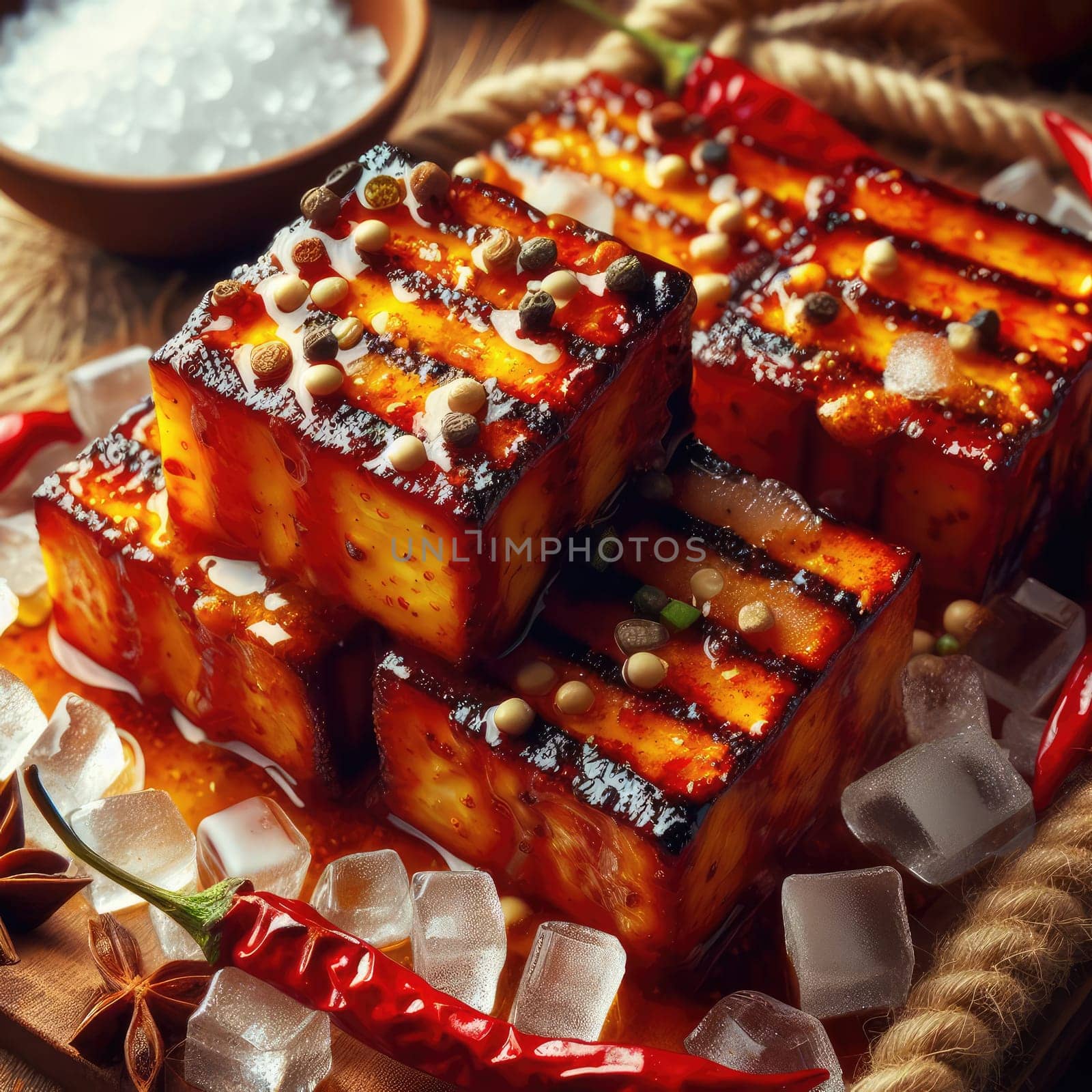 photo of Grilled transparent ice cubes on grill with spicy souce on brush . blurred street crowd on background Macro lens