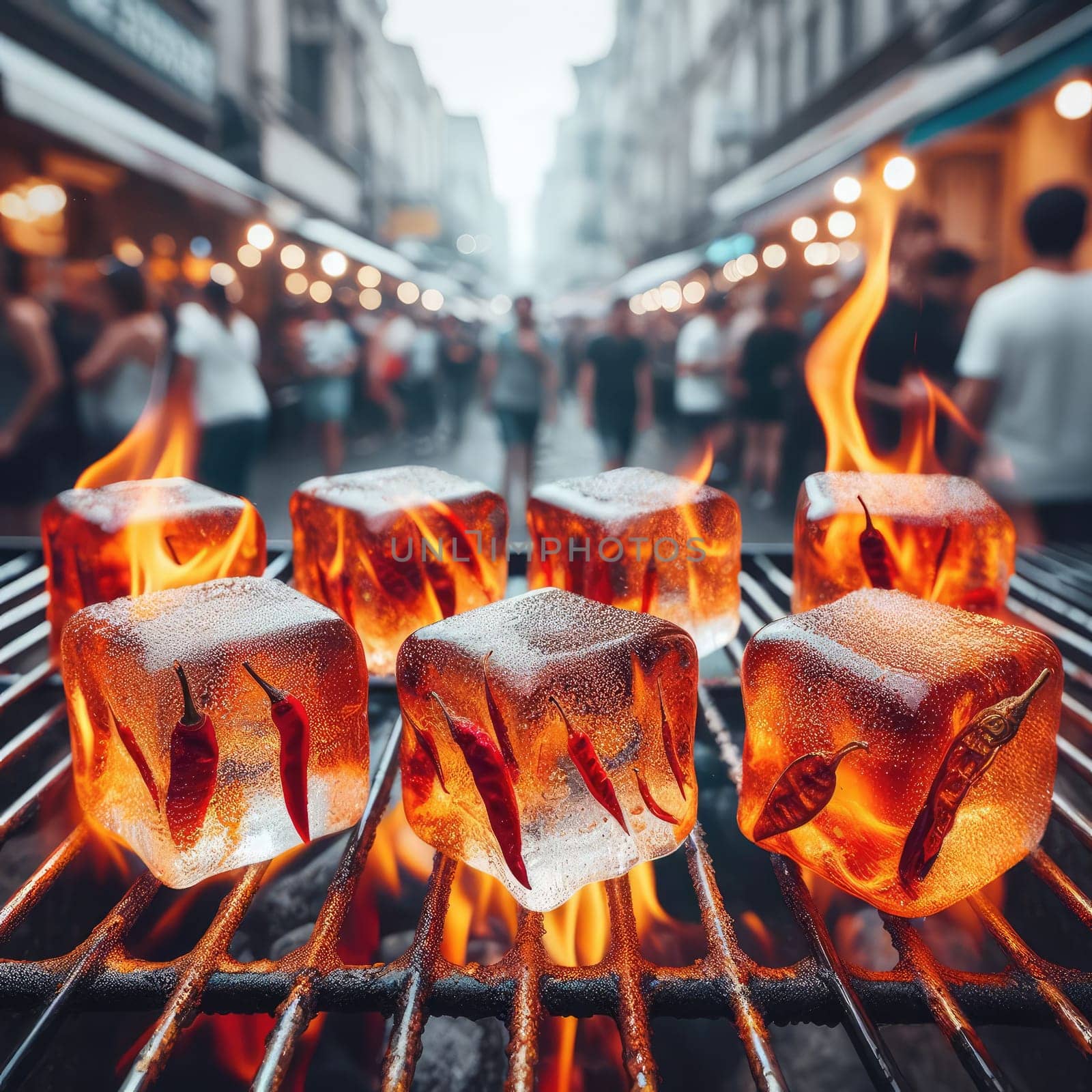 photo of Grilled transparent ice cubes on grill with spicy souce on brush . blurred street crowd on background Macro lens