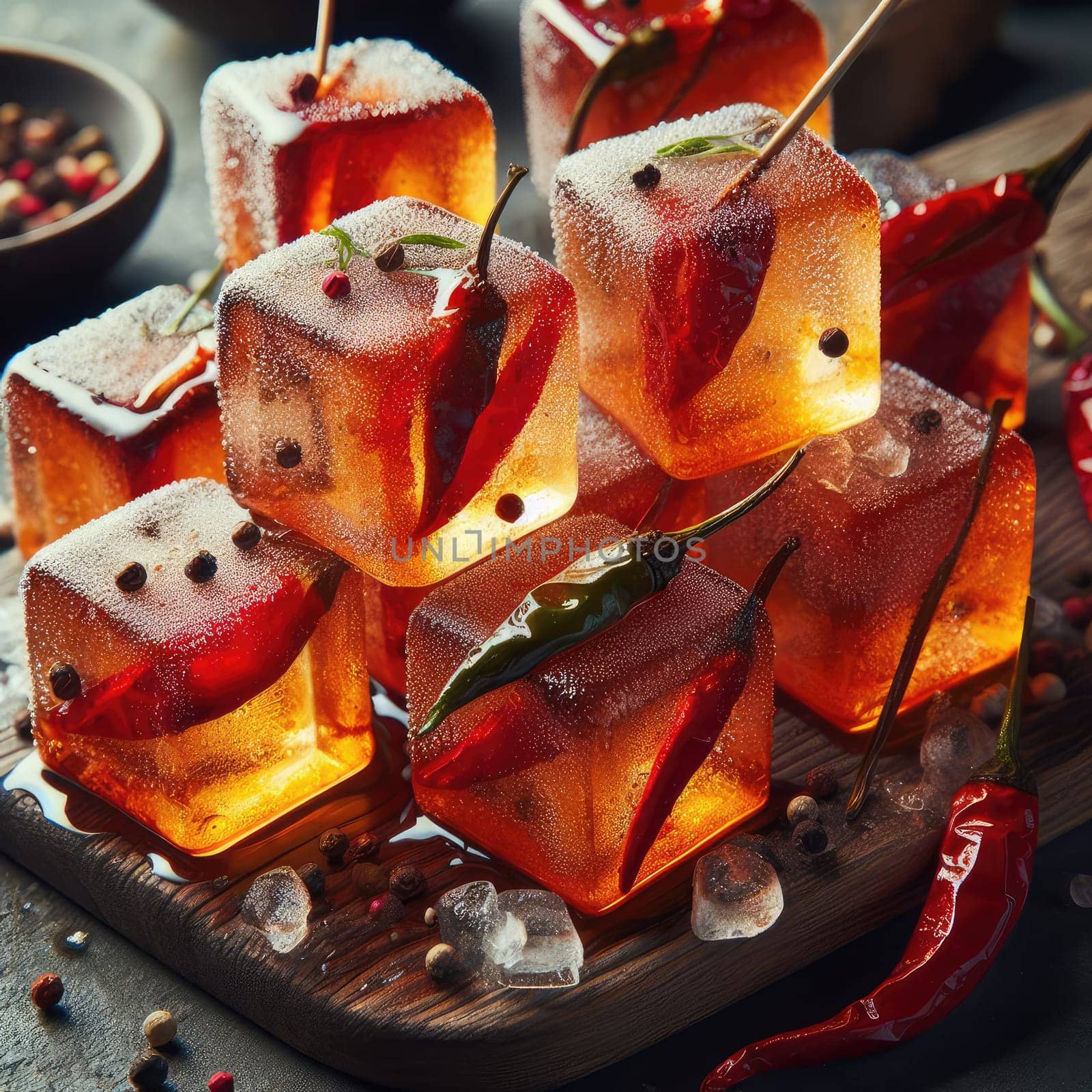 photo of Grilled transparent ice cubes on grill with spicy souce on brush . blurred street crowd on background by Kobysh