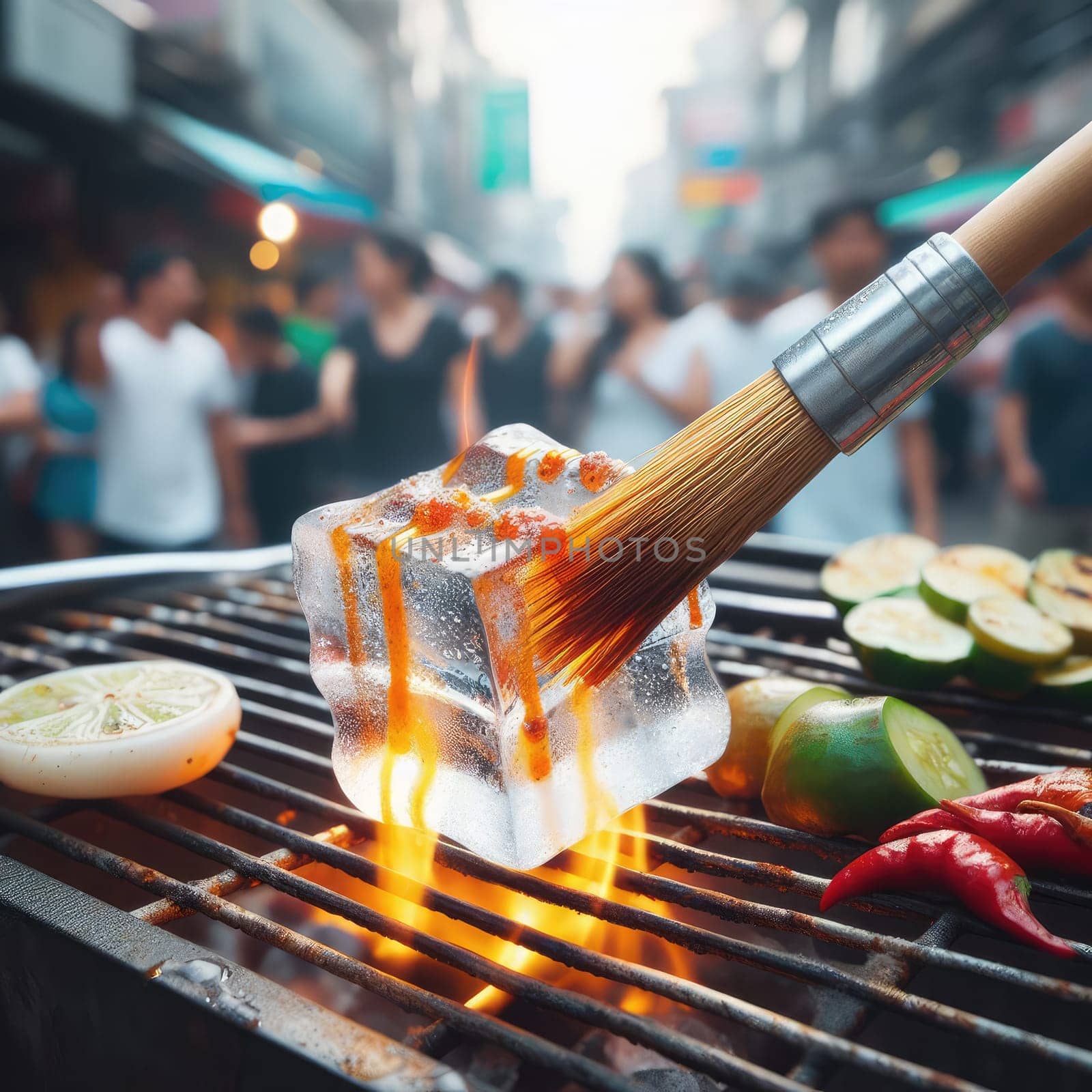 photo of Grilled transparent ice cubes on grill with spicy souce on brush . blurred street crowd on background Macro lens