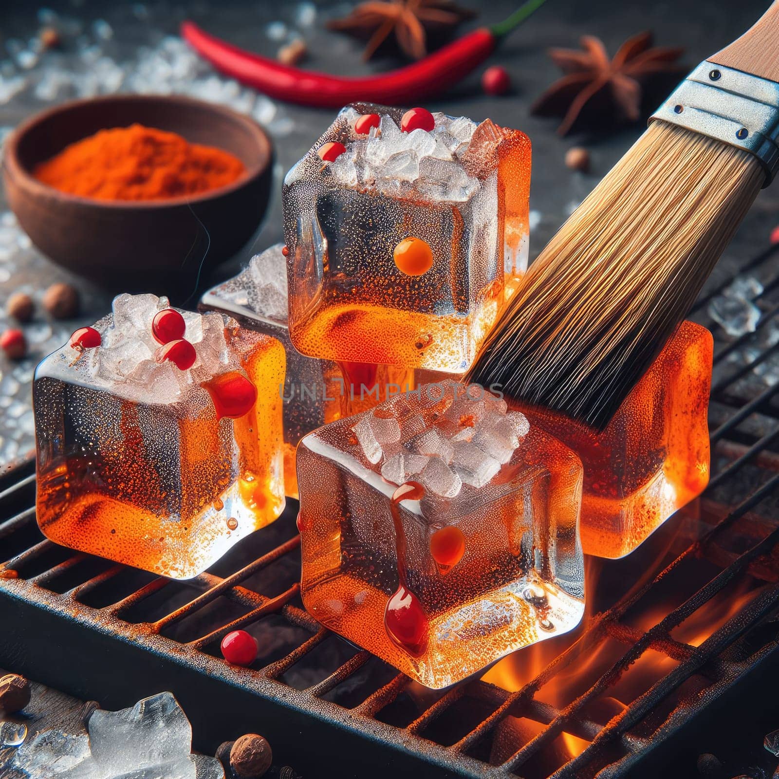 photo of Grilled transparent ice cubes on grill with spicy souce on brush . blurred street crowd on background Macro lens