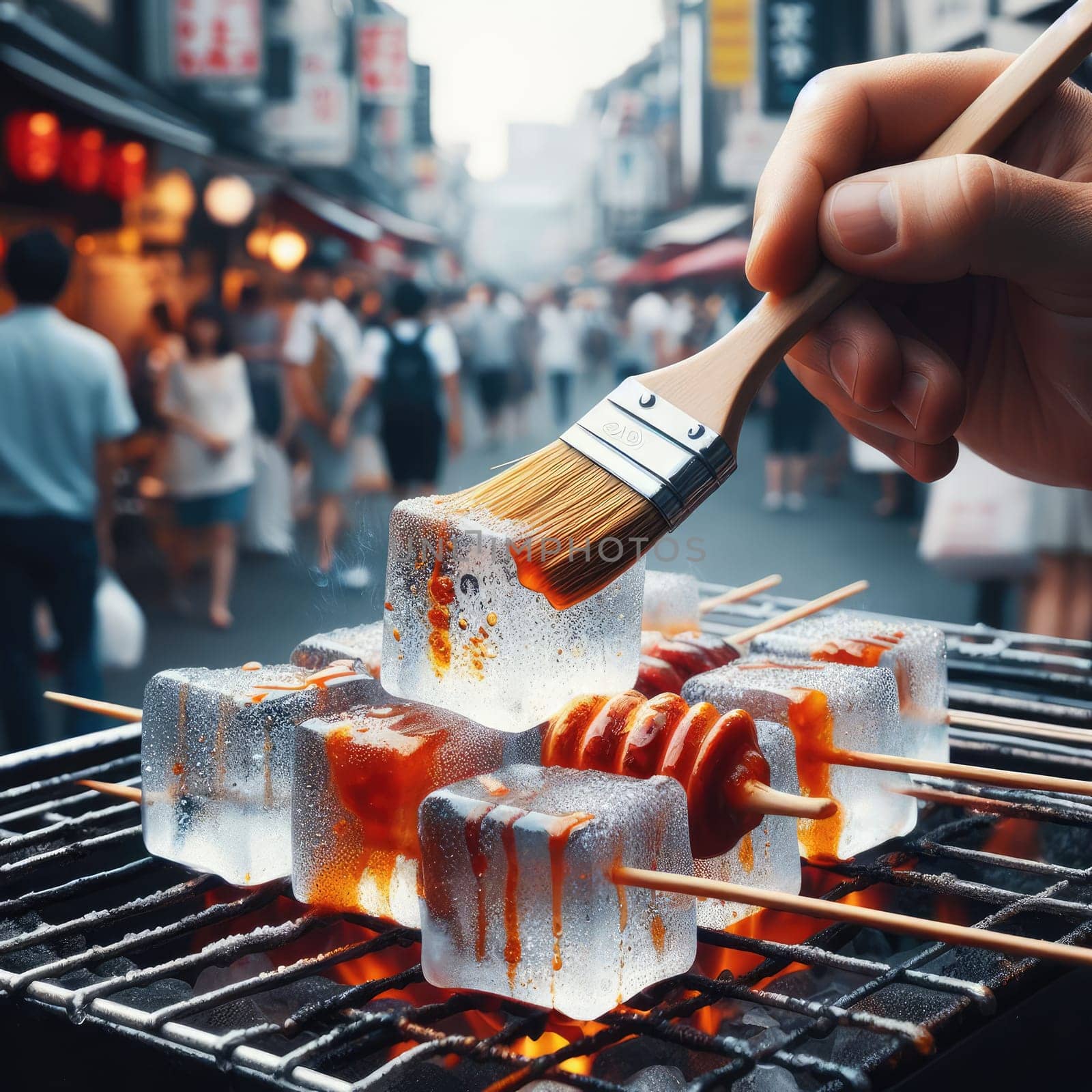 photo of Grilled transparent ice cubes on grill with spicy souce on brush . blurred street crowd on background by Kobysh