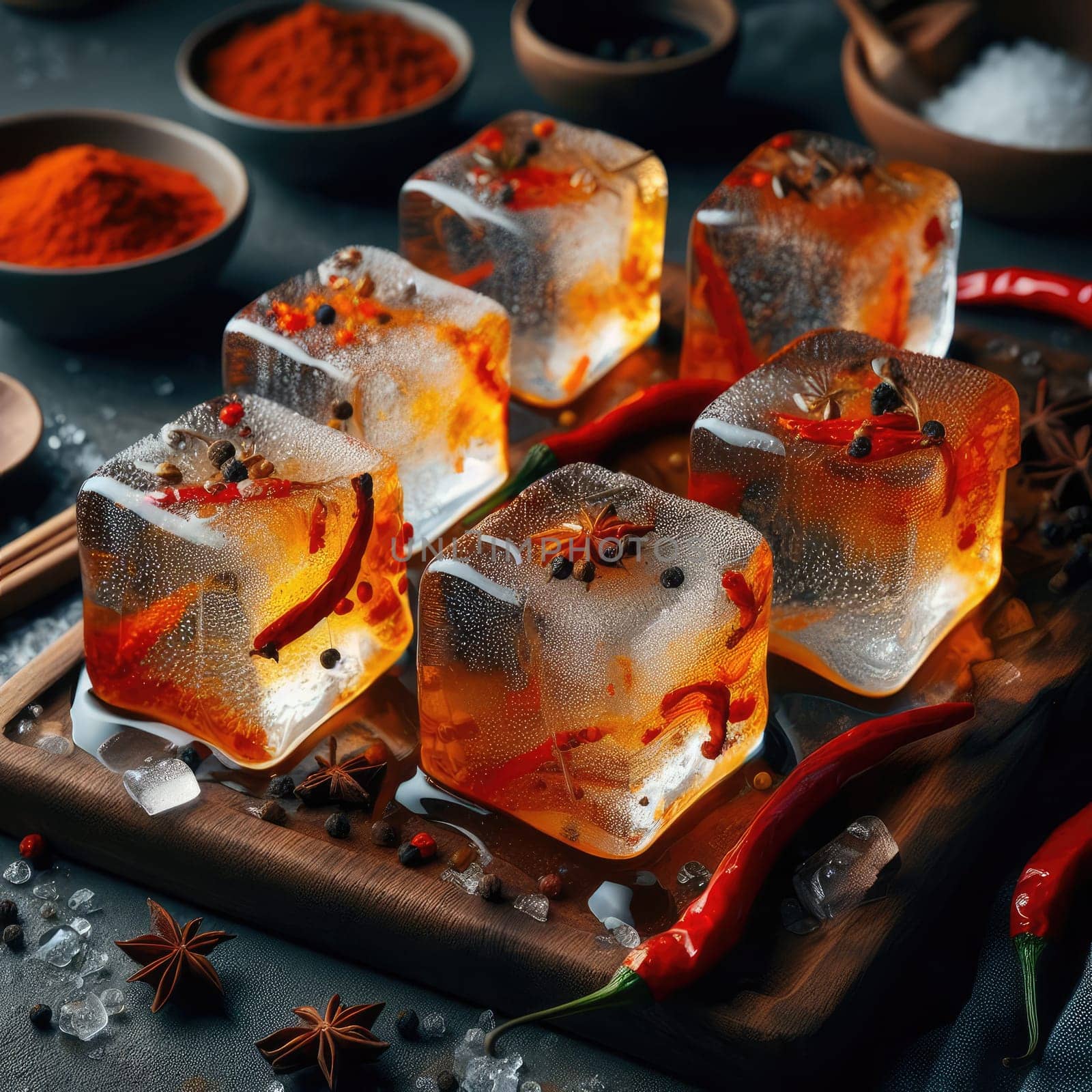 photo of Grilled transparent ice cubes on grill with spicy souce on brush . blurred street crowd on background Macro lens