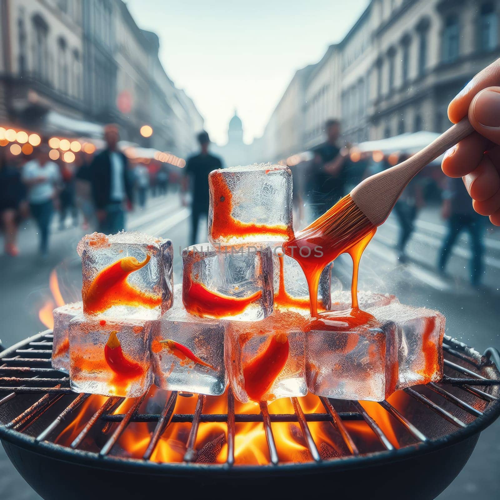 photo of Grilled transparent ice cubes on grill with spicy souce on brush . blurred street crowd on background Macro lens