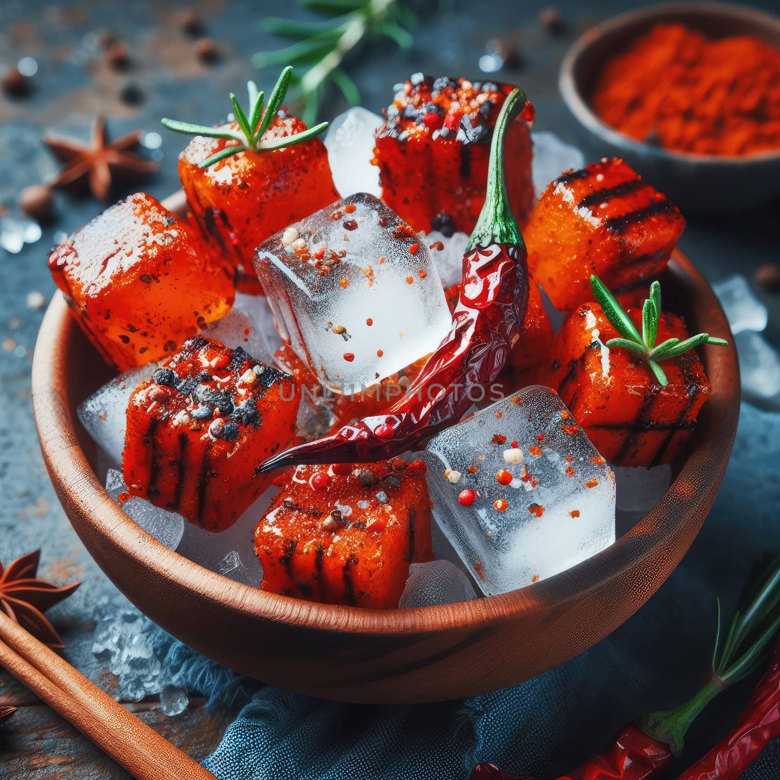 photo of Grilled transparent ice cubes on grill with spicy souce on brush . blurred street crowd on background Macro lens