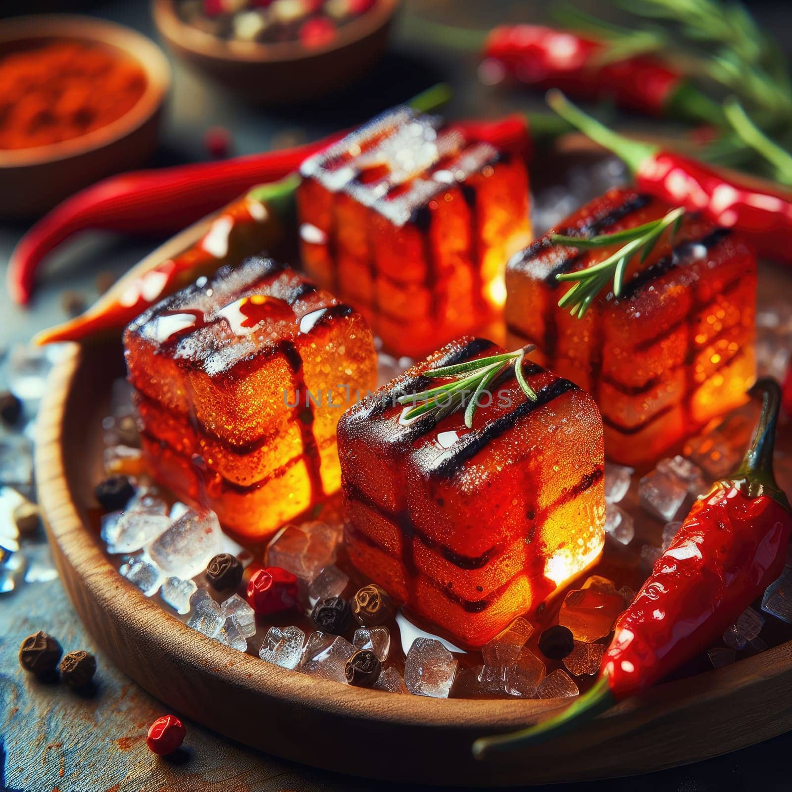 photo of Grilled transparent ice cubes on grill with spicy souce on brush . blurred street crowd on background by Kobysh