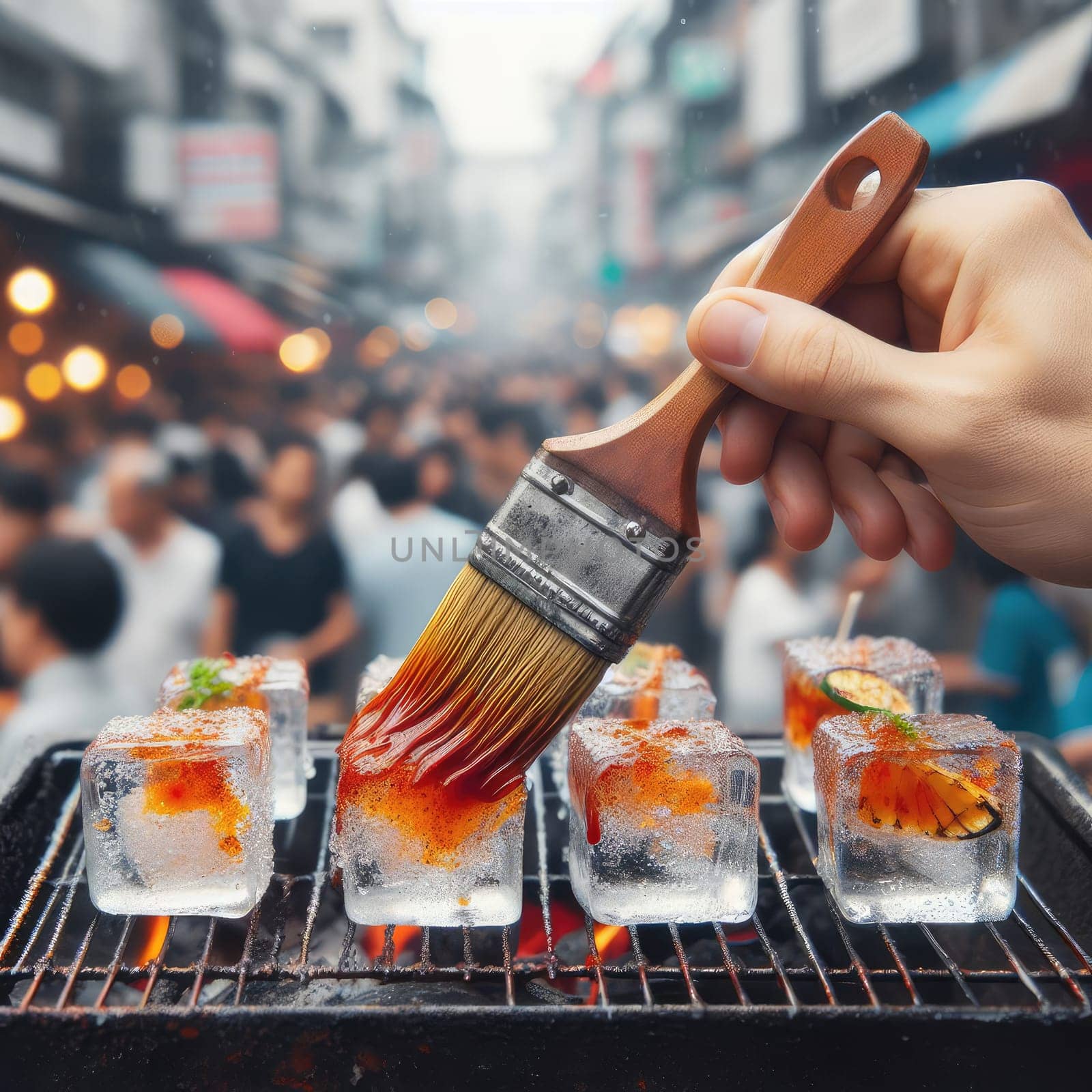 photo of Grilled transparent ice cubes on grill with spicy souce on brush . blurred street crowd on background by Kobysh