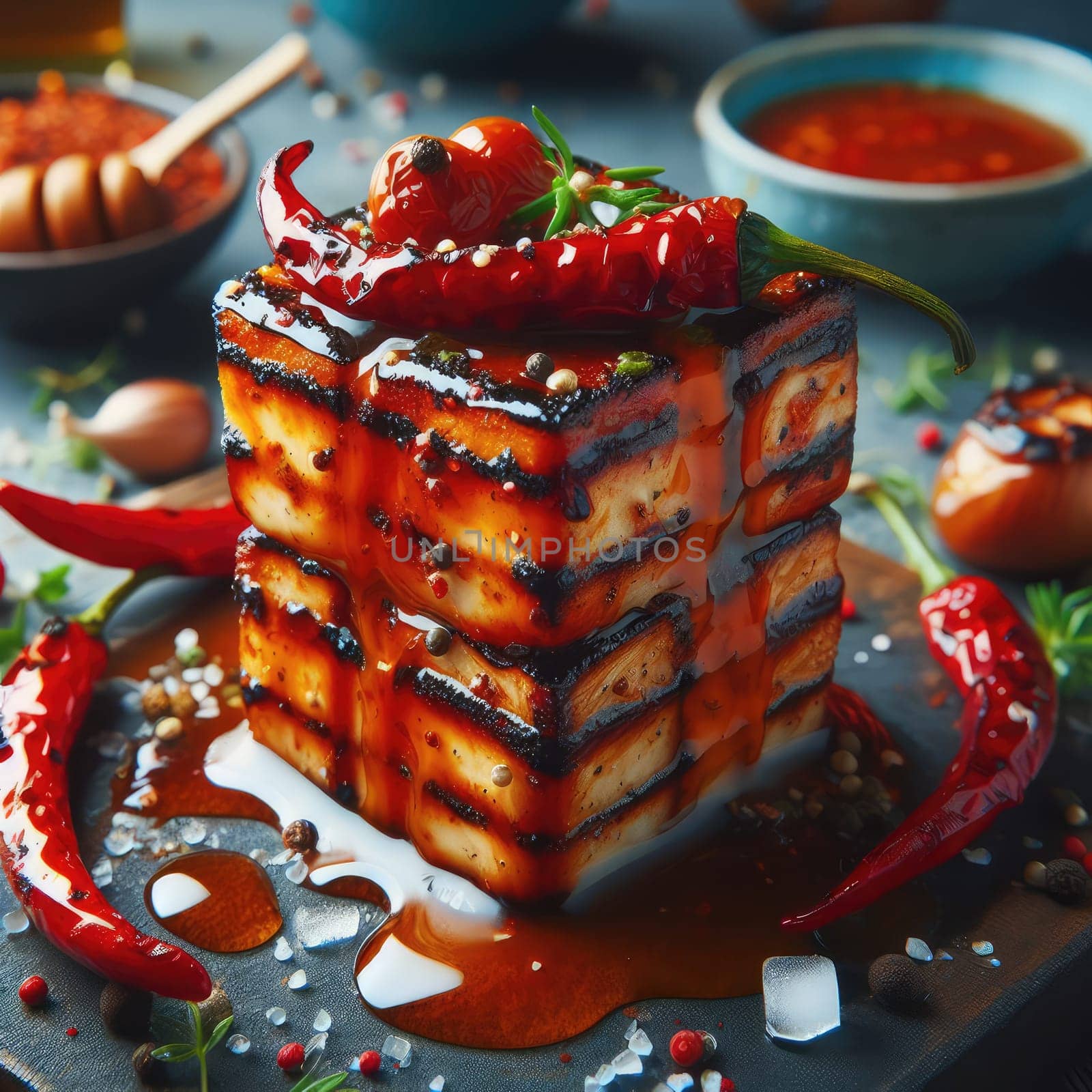 photo of Grilled transparent ice cubes on grill with spicy souce on brush . blurred street crowd on background by Kobysh