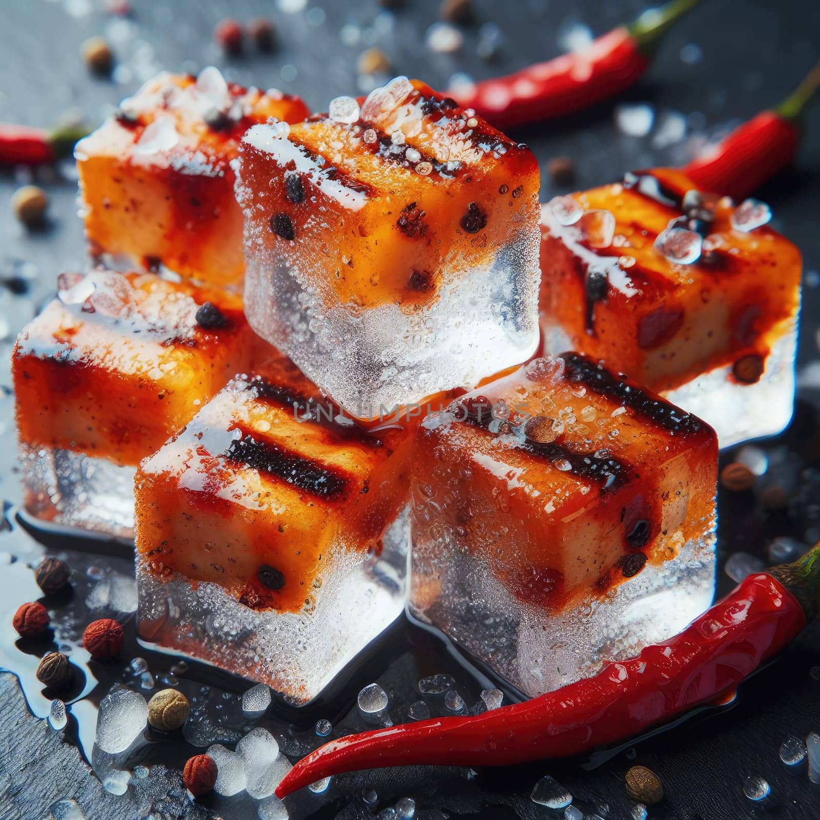 photo of Grilled transparent ice cubes on grill with spicy souce on brush . blurred street crowd on background Macro lens