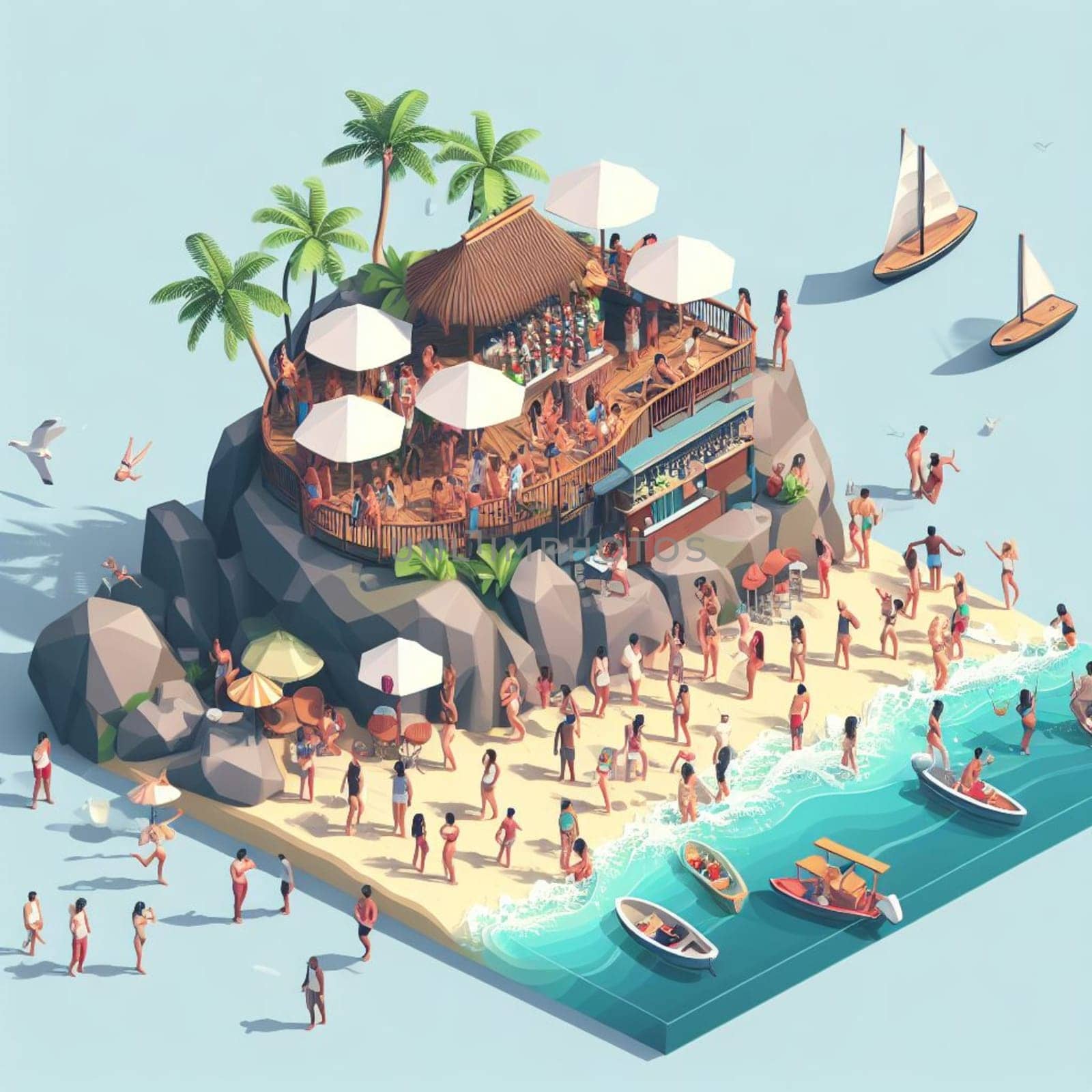 people having fun in the beach, isometric view, sea waves, 3d illustration generative ai art