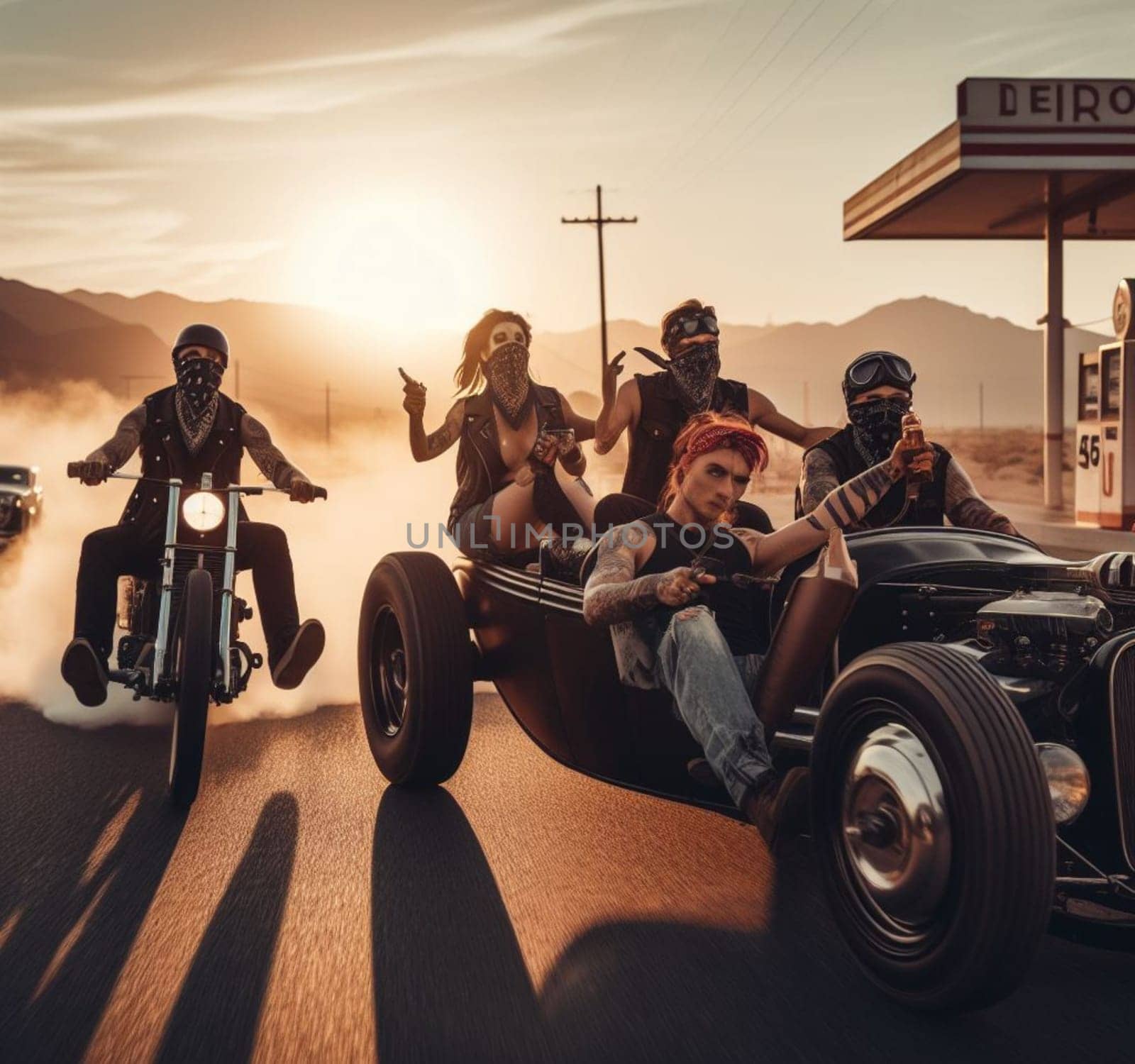 gang of pinup girl and plus size retro vandals in steampunk hot rods and tuned bikes burning rubber, wearing jeans and leather, gas station , desert road, comics illustration, mad max ai generated