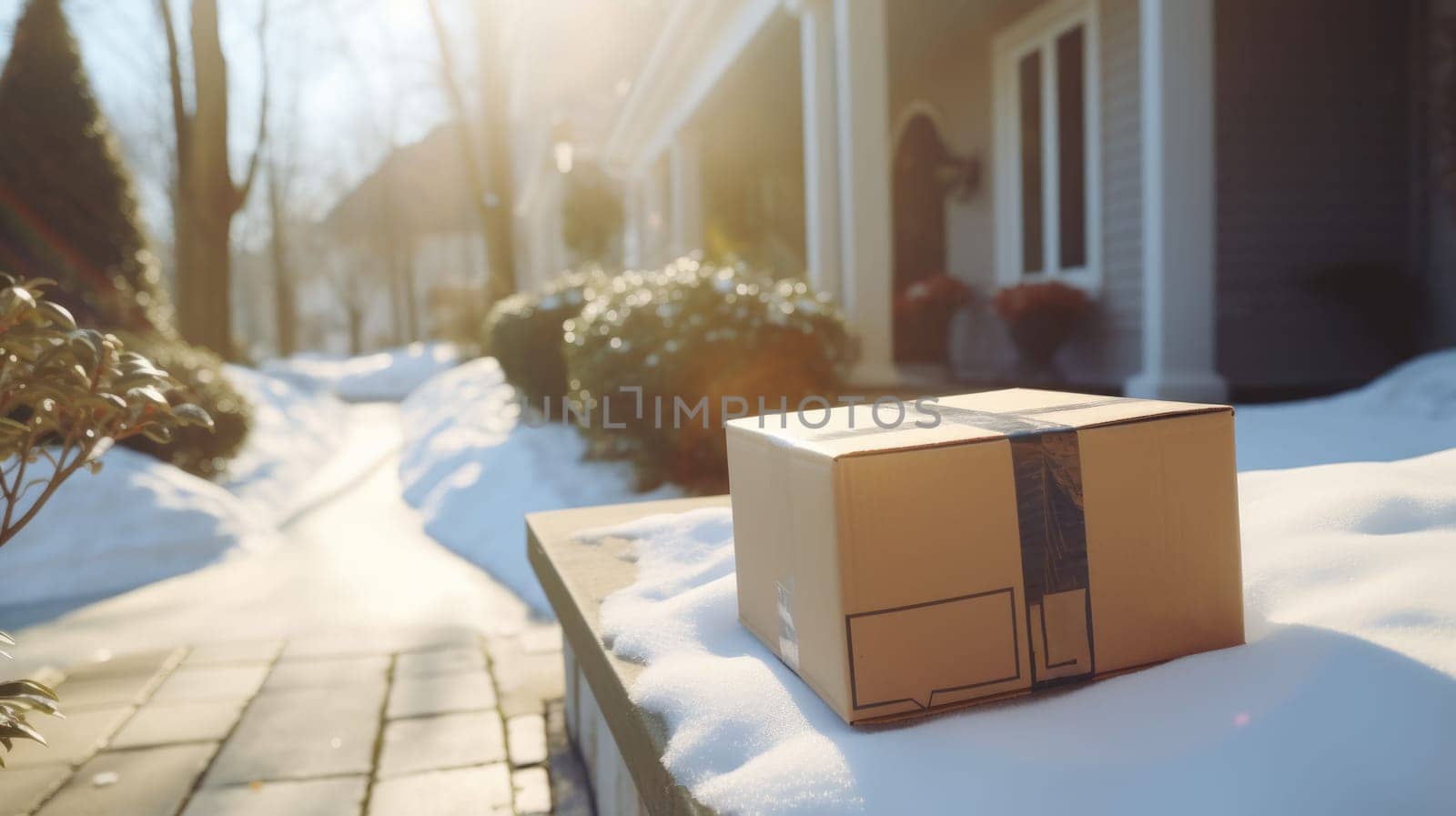 Delivered parcel box on door mat near winter snow entrance. Christmas online shopping. Black Friday sale. by JuliaDorian
