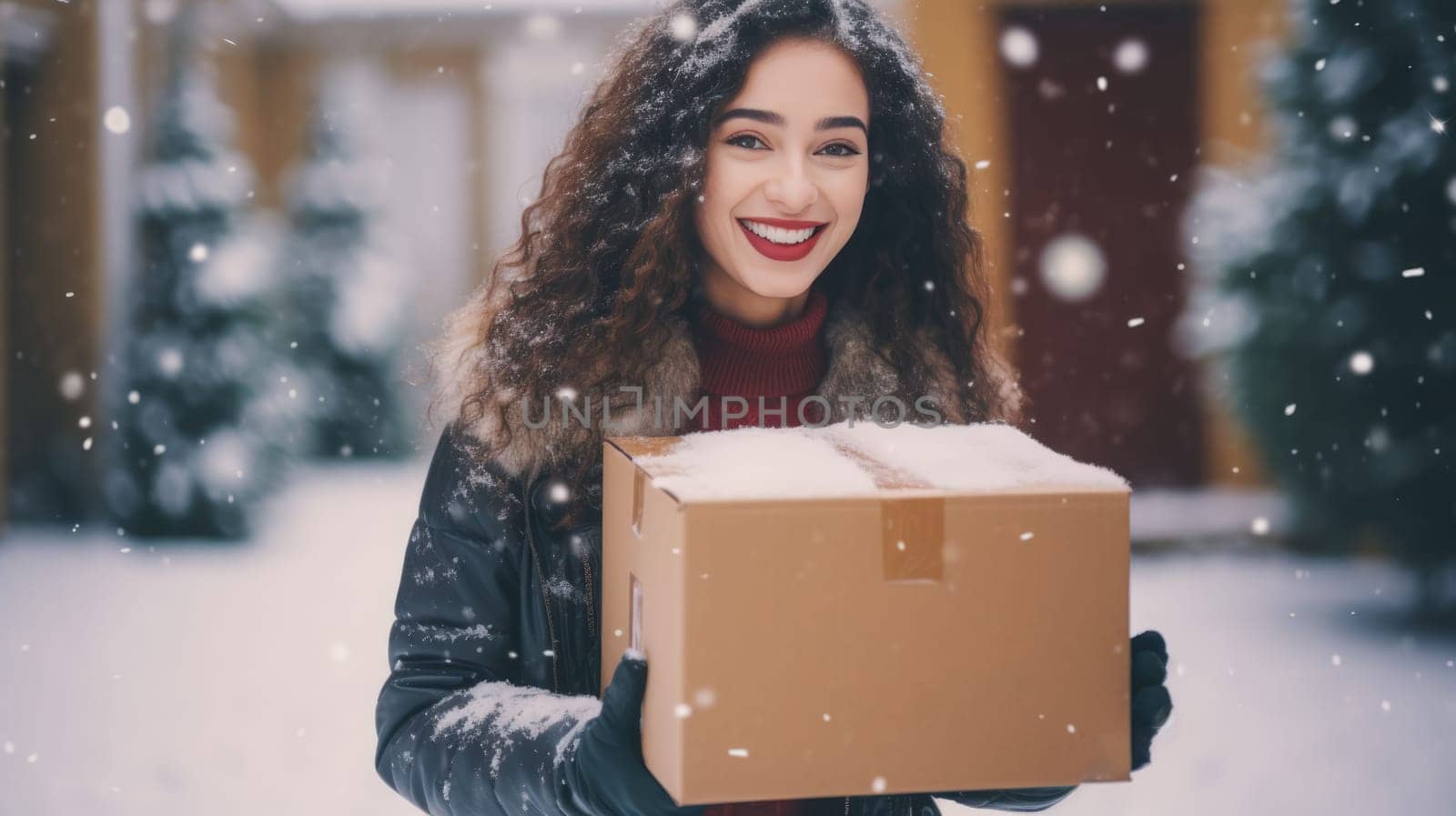 Smiling woman holding parcel box next to front door house entrance. Christmas holidays delivery. Black Friday Online shopping