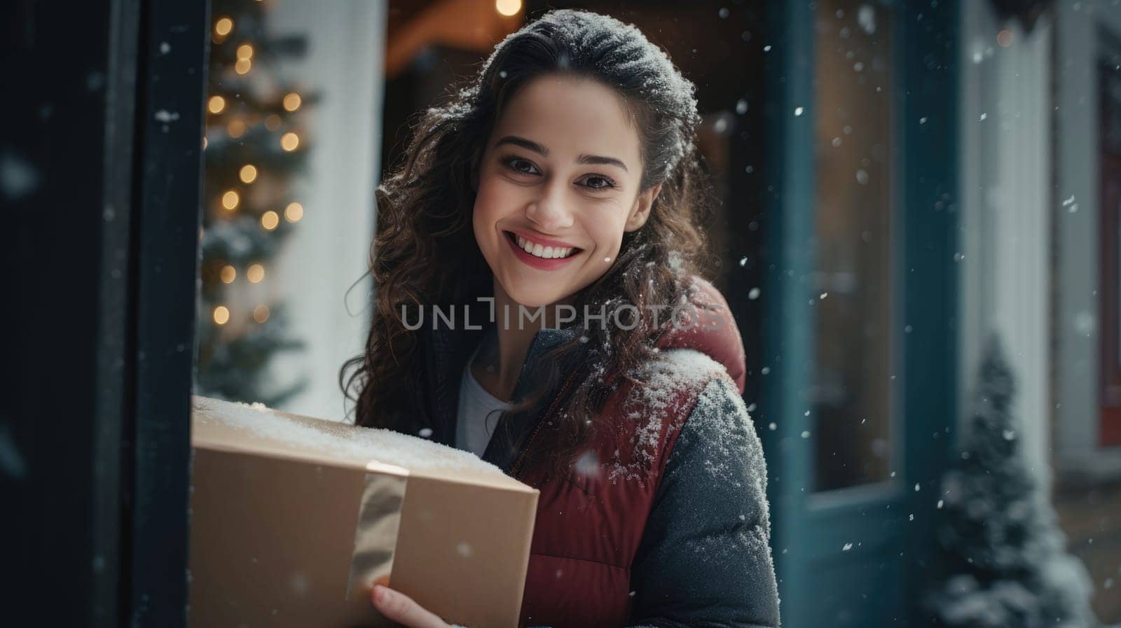Smiling woman holding parcel box next to front door house entrance. Christmas holidays delivery. Black Friday Online shopping