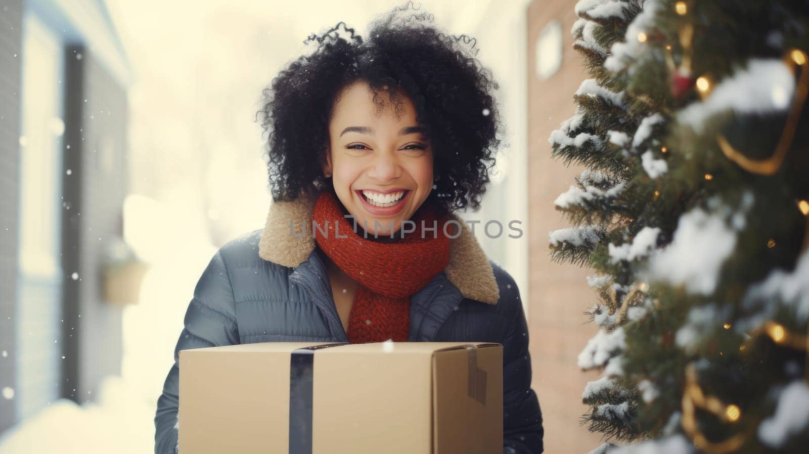 Smiling woman holding parcel box next to front door house entrance. Christmas holidays delivery. Black Friday Online shopping